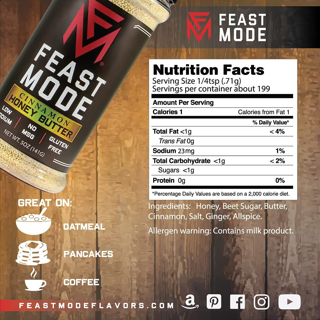 Feast Mode Flavors | Cinnamon Honey Butter Seasoning | Low Sodium No Msg Gluten Free | All Natural Meal Prep Flavoring, Sweet Topper For Breakfast Oatmeal Popcorn Ice Cream Dessert Spice Blend Powder