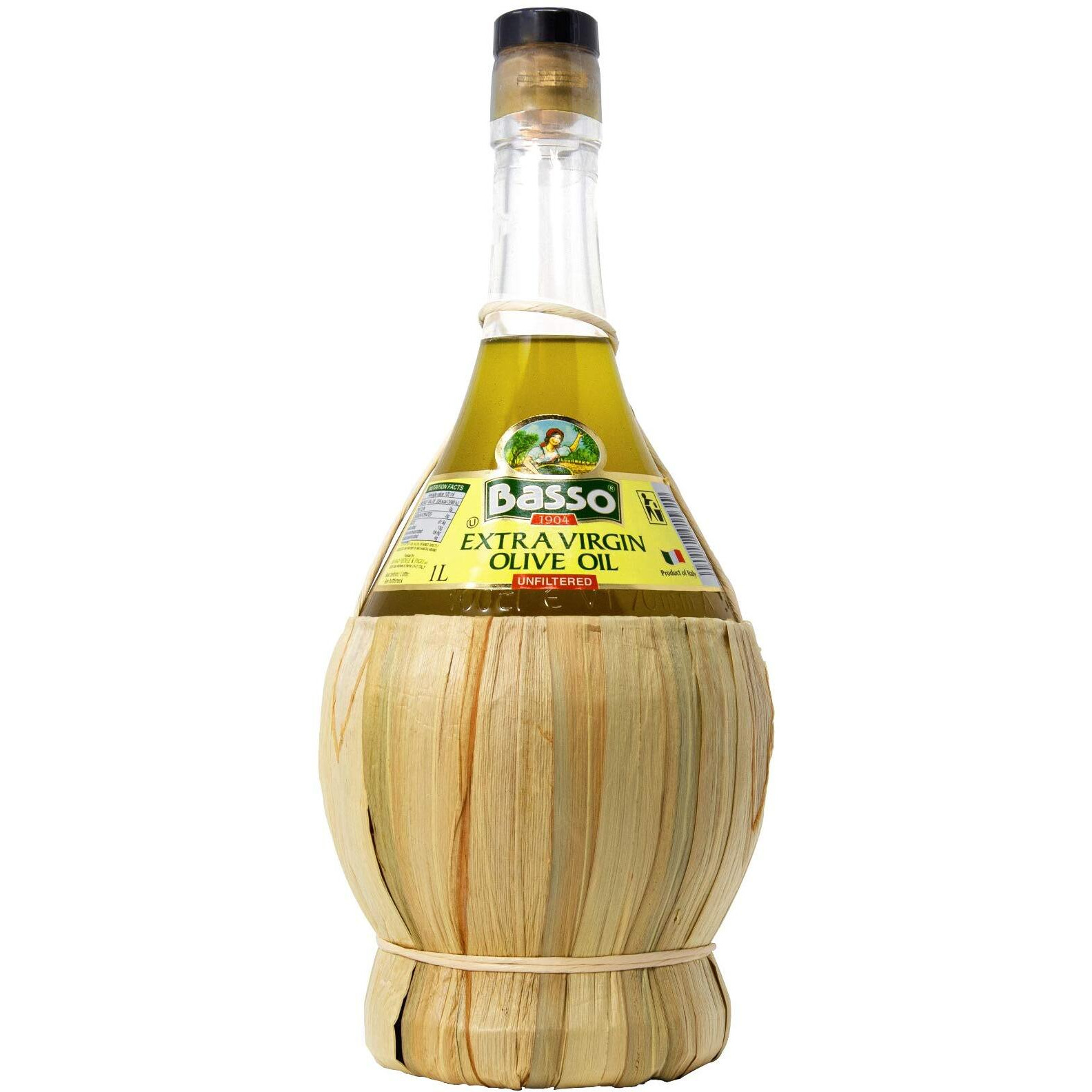 Extra Virgin Olive Oil | Unfiltered "&quotPremium"" | "&quotFirst Cold Pressed"" | "&quotProduct Of Italy"" | Wicker/Straw Basket| 1 Liter (33.81 Fl Oz) By Basso 1904