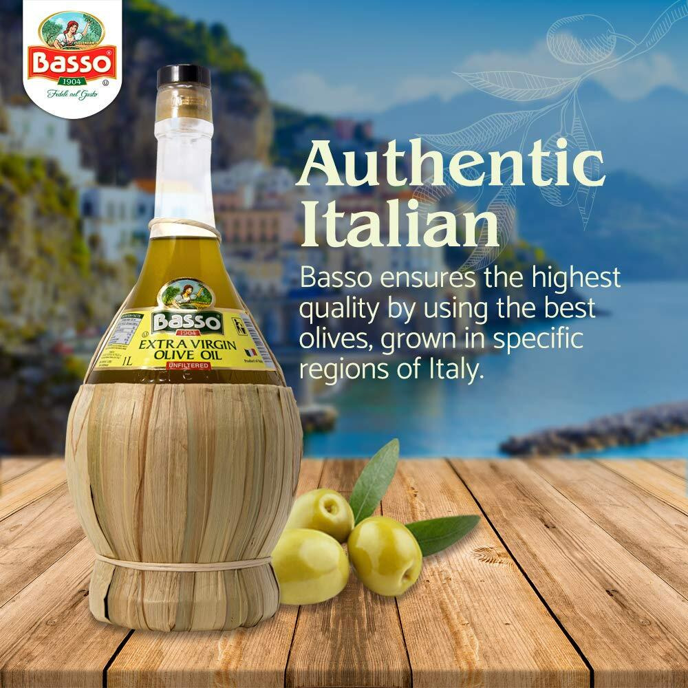 Extra Virgin Olive Oil | Unfiltered "&quotPremium"" | "&quotFirst Cold Pressed"" | "&quotProduct Of Italy"" | Wicker/Straw Basket| 1 Liter (33.81 Fl Oz) By Basso 1904