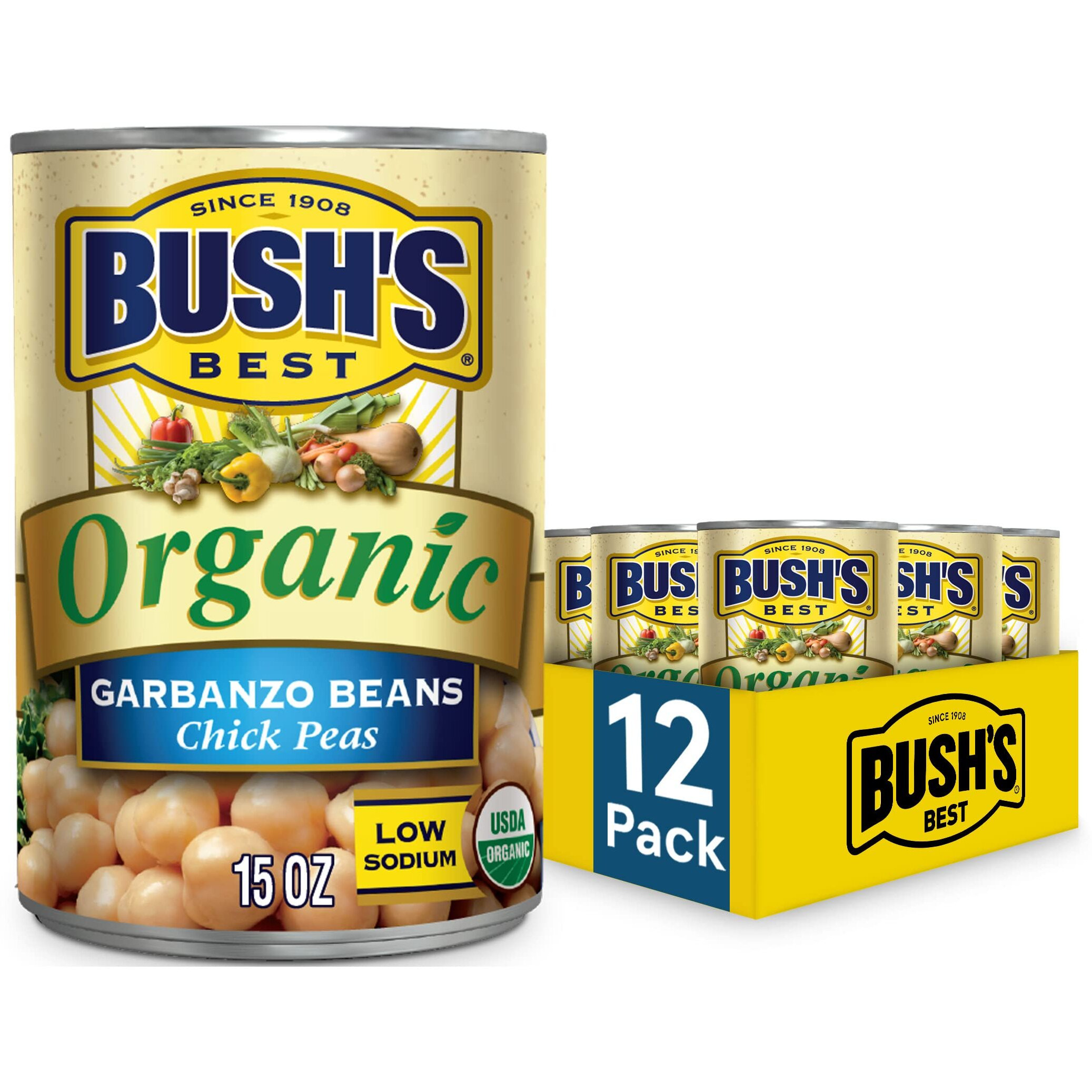 Bush's Best Organic Garbanzo Beans Canned Beans, Organic Chick Peas, Usda Certified Organic, Source Of Plant Based Protein And Fiber, Low Fat, Gluten Free (12)