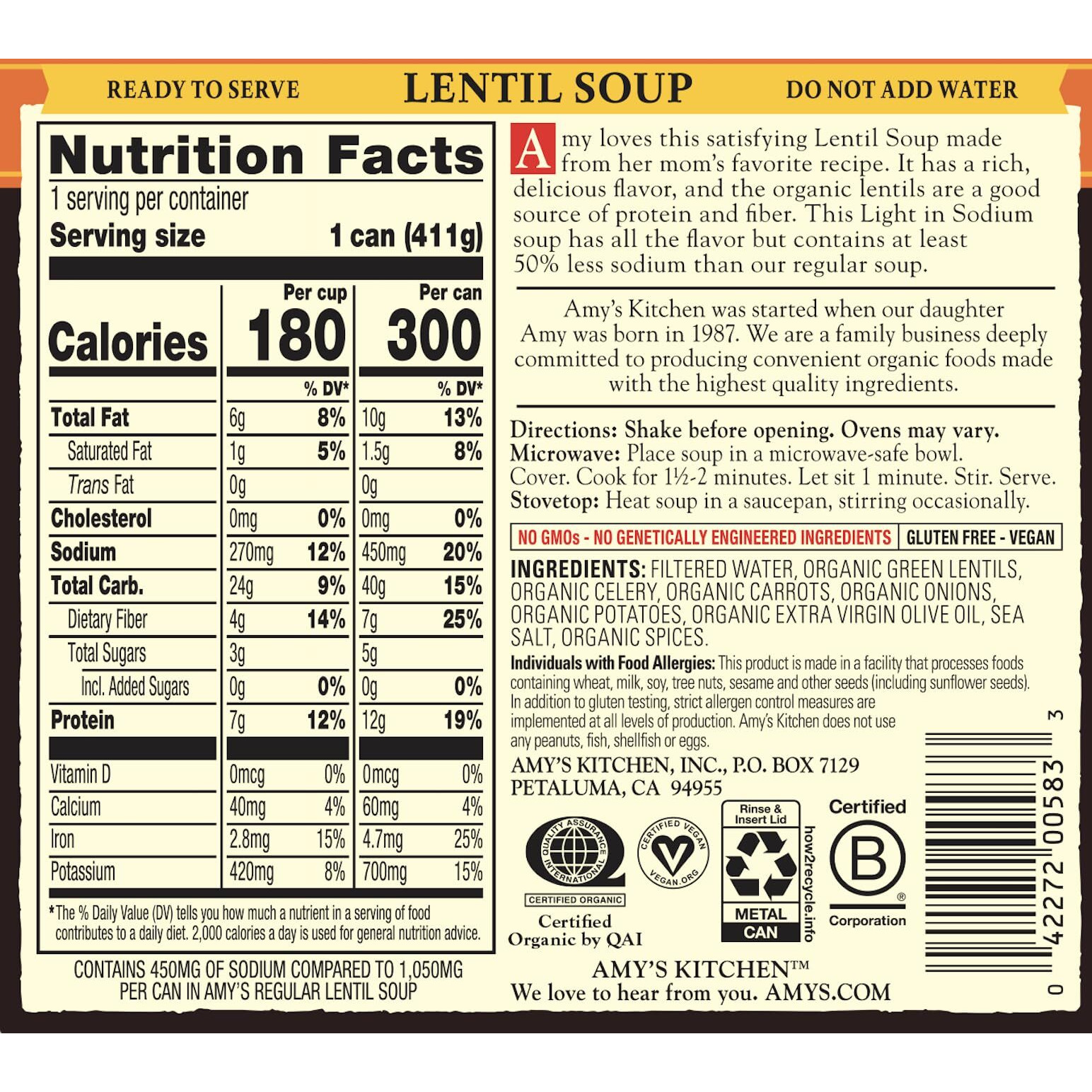 Amy's Soup, Vegan, Gluten Free, Organic Lentil, Light In Sodium, 14.5 Ounce (Pack Of 6)
