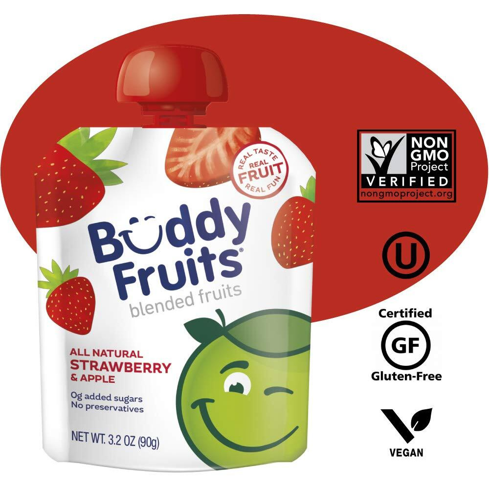 Buddy Fruits Snacks To Go Strawberry Unsweetened Applesauce 3.2Oz Pouch (18Pk) Gluten-Nut-Dairy-Preservatives-Bpa Free, Non Gmo, Kosher