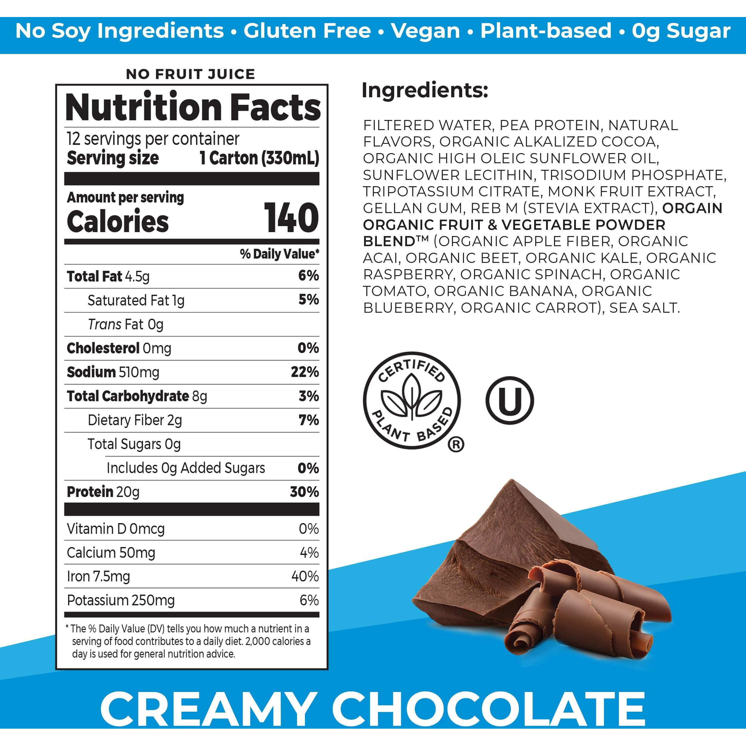 Orgain Organic Vegan Protein Shake, Creamy Chocolate - 20G Plant Based Protein, Ready To Drink, Fruits & Vegetables, Gluten Free, Kosher, No Soy Or Dairy Ingredients, 11 Fl Oz (Pack Of 12)
