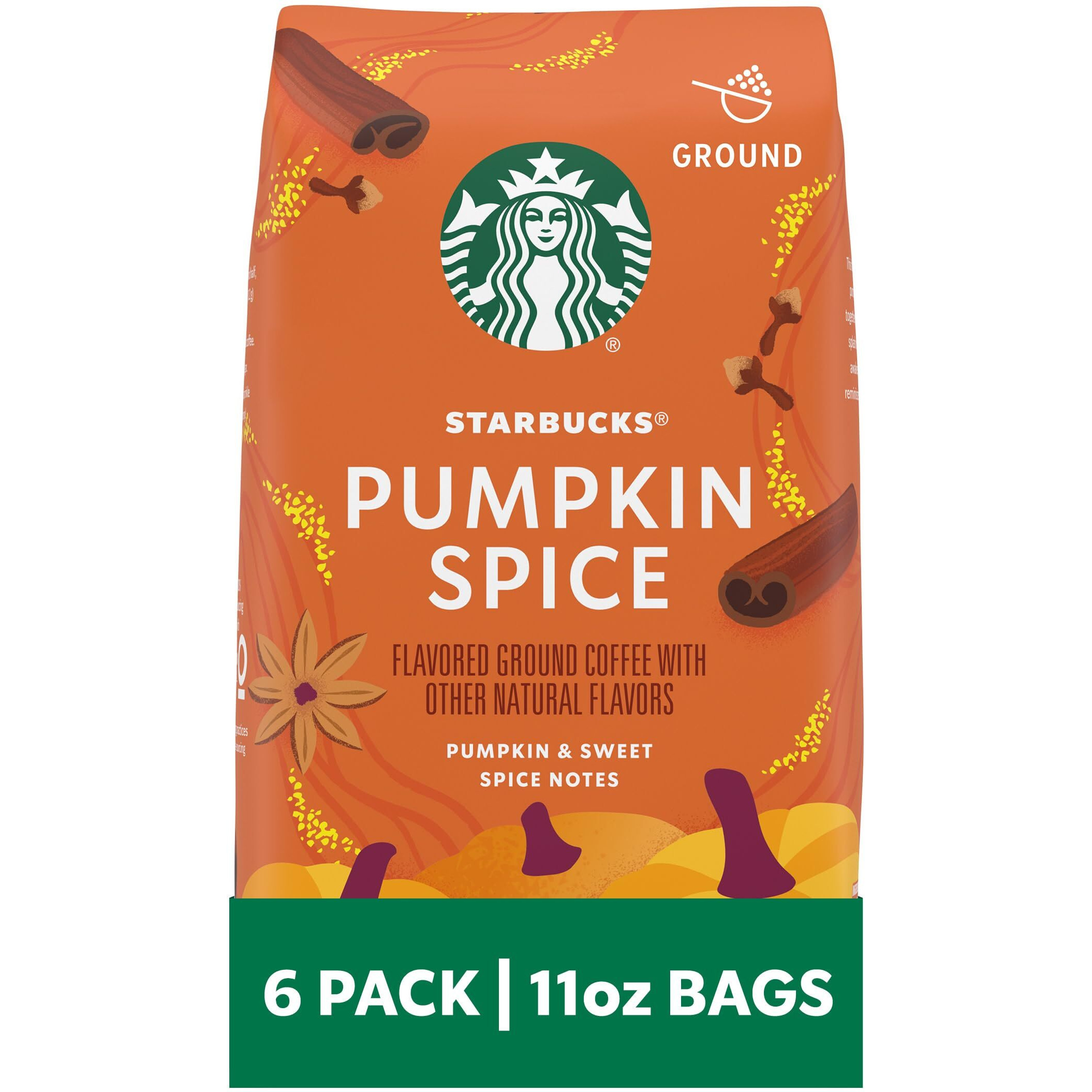 Starbucks Ground Coffee, Pumpkin Spice Naturally Flavored Coffee, 100% Arabica, Limited Edition, 6 Bags (11 Oz Each)