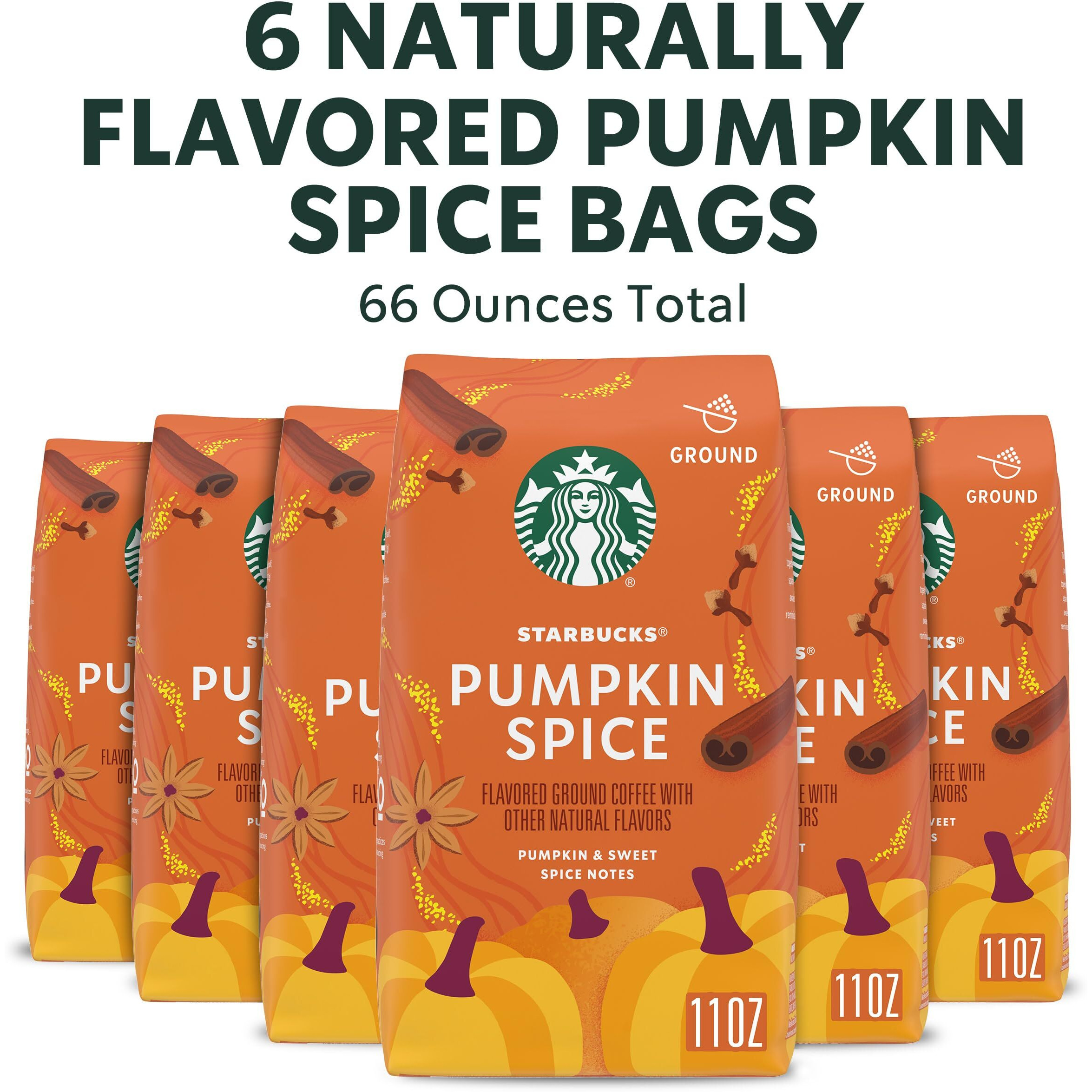 Starbucks Ground Coffee, Pumpkin Spice Naturally Flavored Coffee, 100% Arabica, Limited Edition, 6 Bags (11 Oz Each)