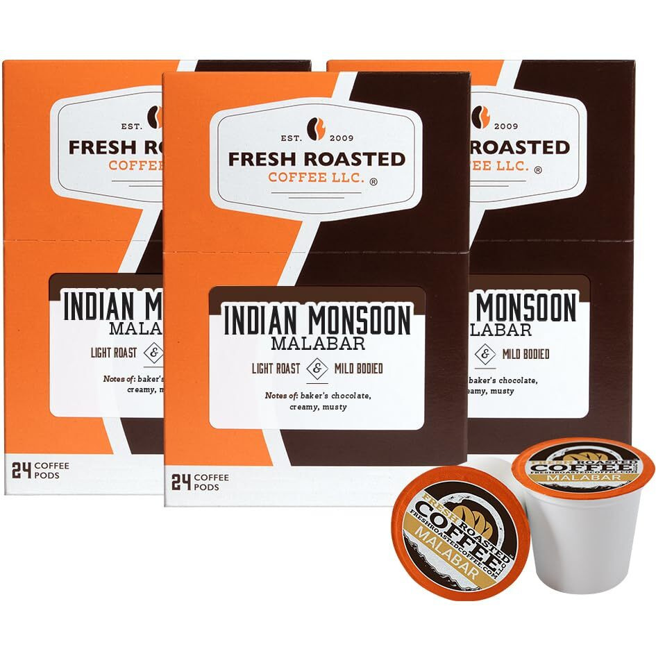 Fresh Roasted Coffee, Indian Monsoon Malabar, Light Roast, Kosher, K-Cup Compatible, 72 Pods