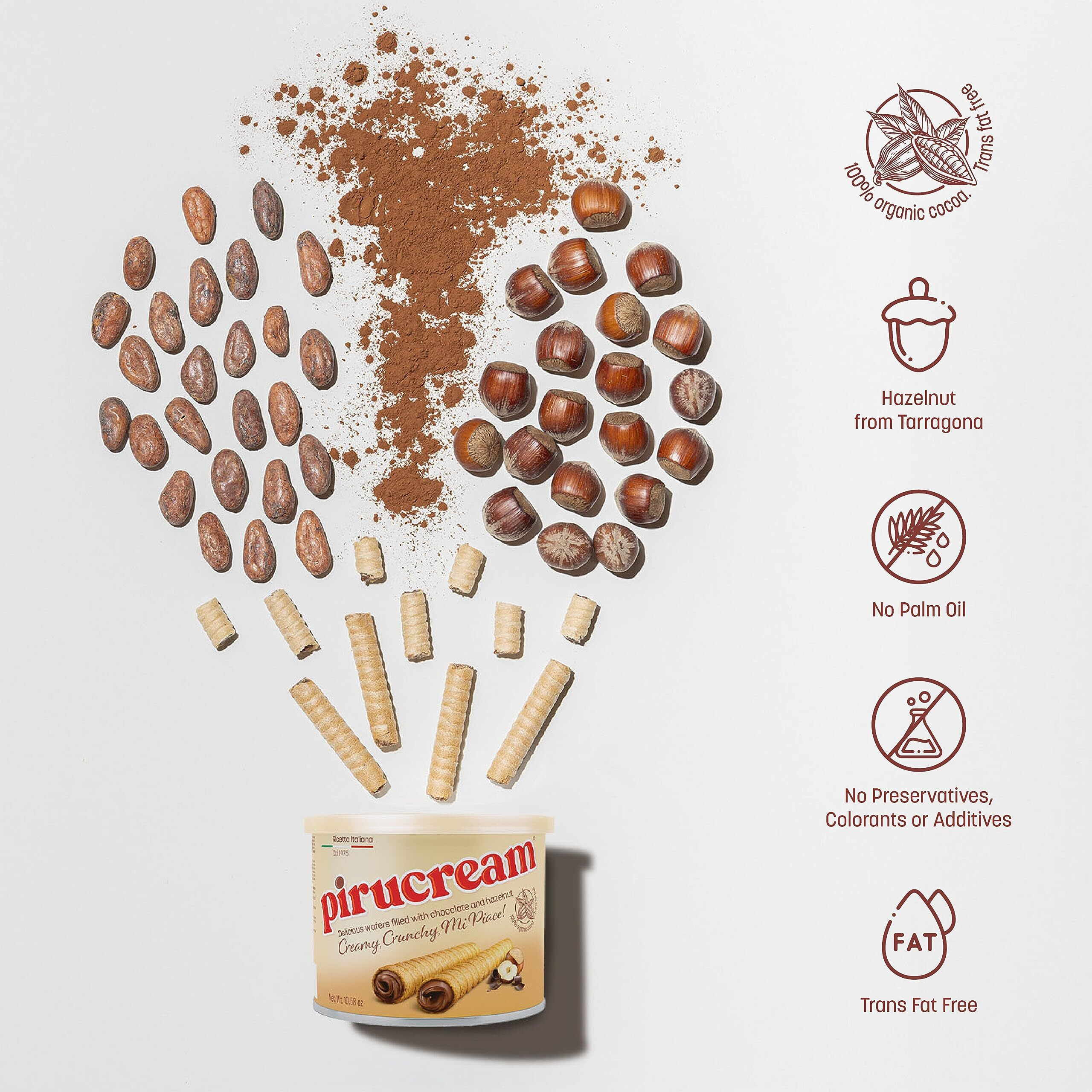 Pirucream Rolled Wafers With Chocolate Hazelnut, Organic Alkaline 100% Cocoa - No Trans-Fat, Preservatives, Colorants Or Additives And Without Palm Oil (300Gr/ 10.58Oz Each One - 4 Pack Tin)