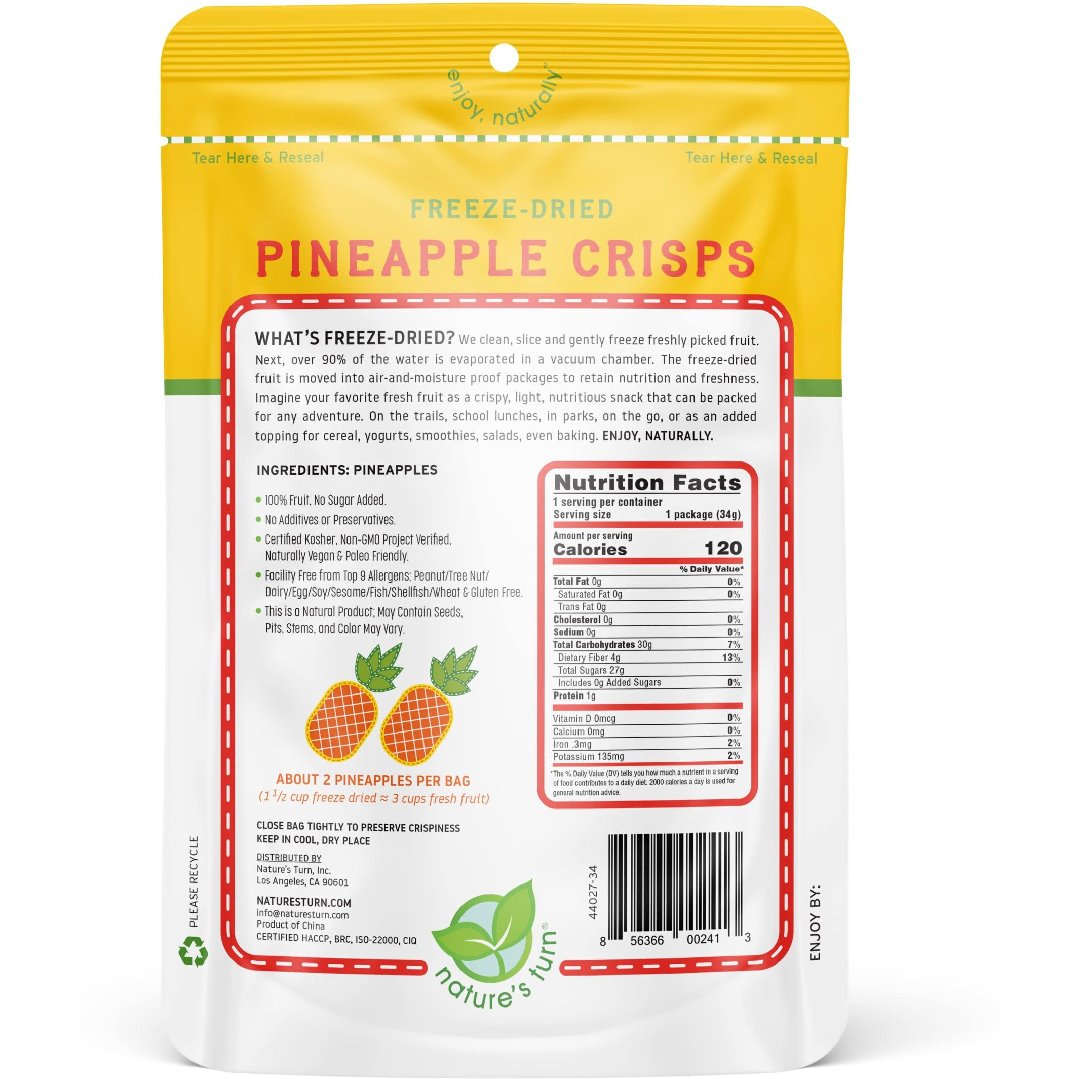 Nature's Turn Freeze-Dried Fruit Snacks, Pineapple Crisps, Pack Of 6 (1.2 Oz Each)