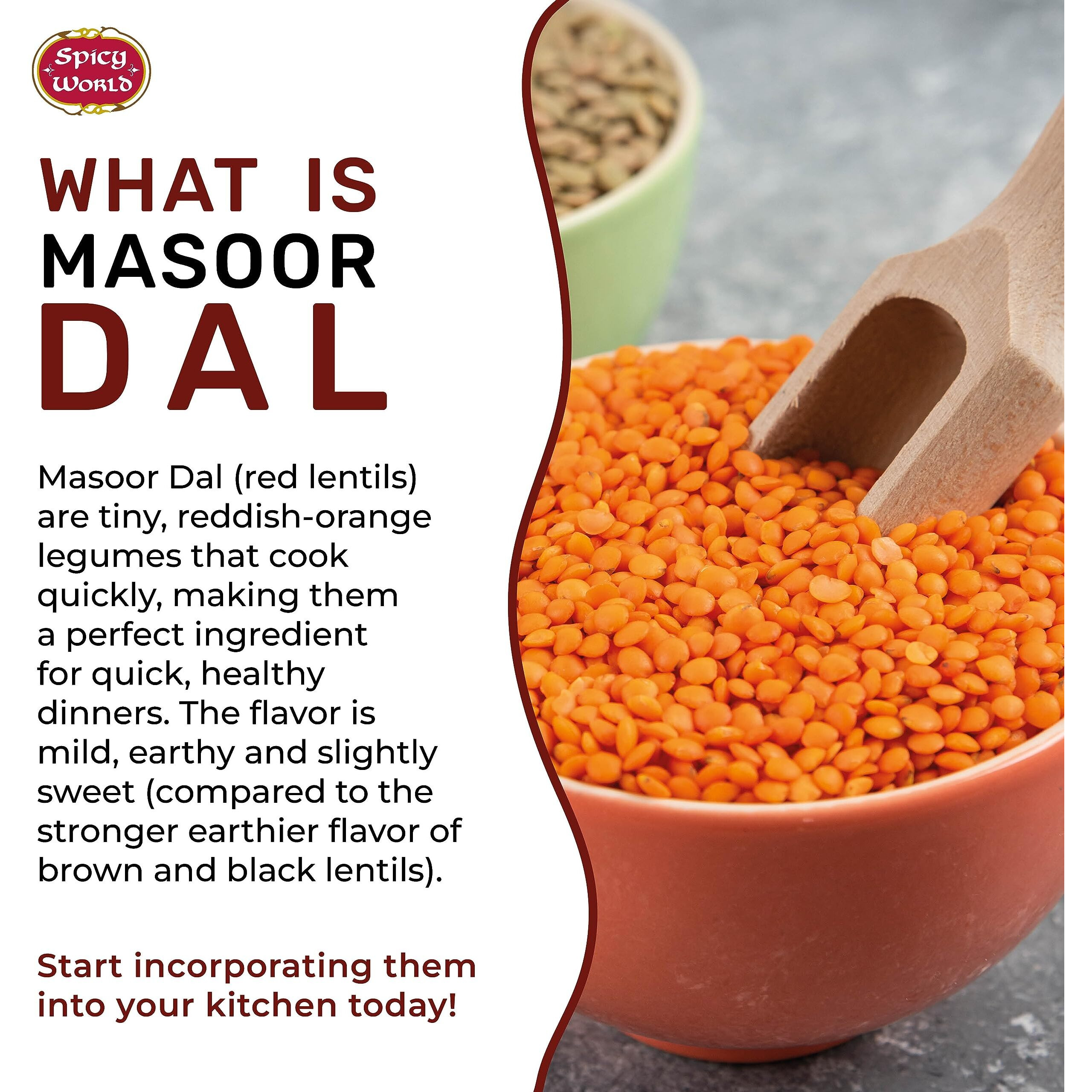 Masoor Dal 2 Pound Bag (32 Oz) - Red Lentils Split - All Natural By Spicy World