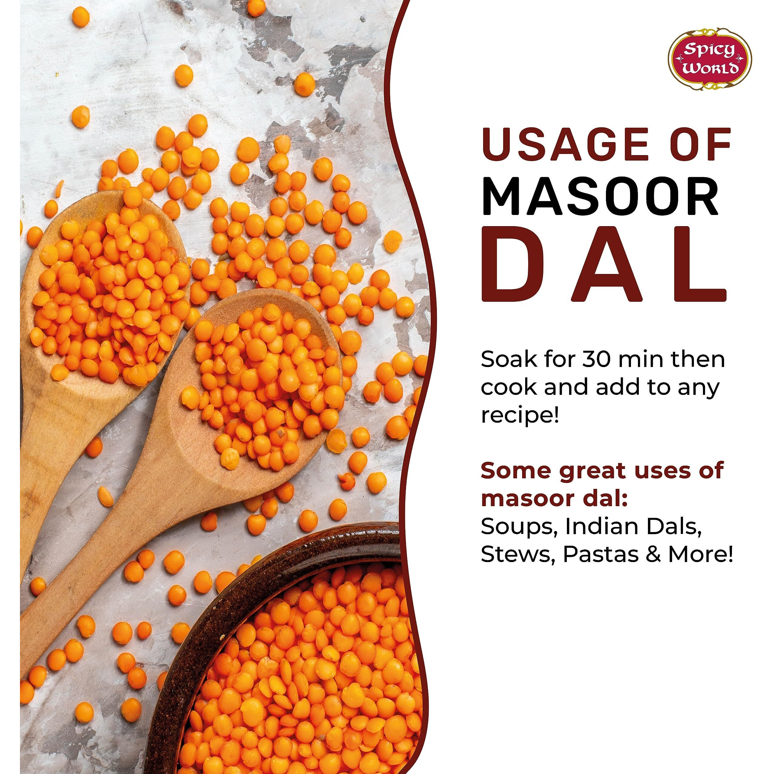 Masoor Dal 2 Pound Bag (32 Oz) - Red Lentils Split - All Natural By Spicy World
