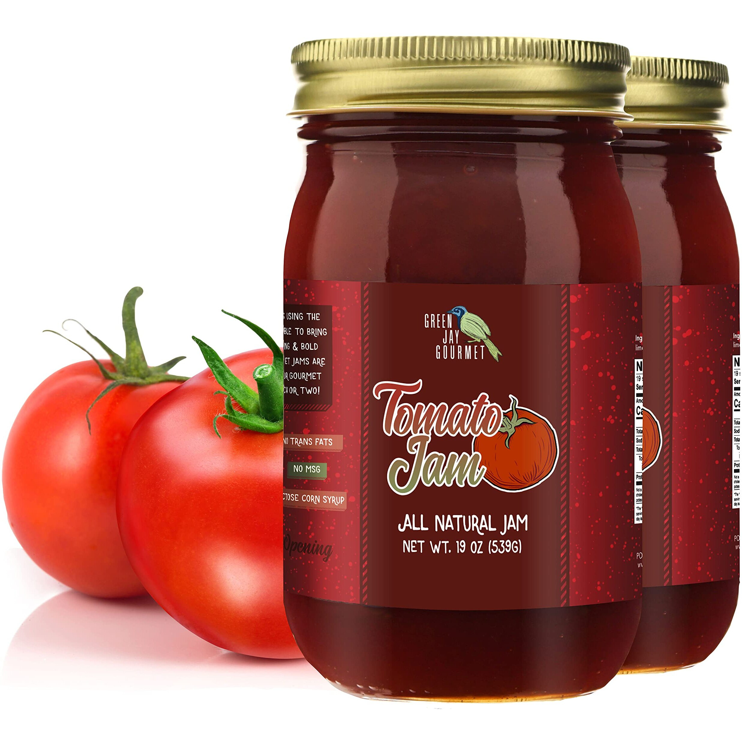 Green Jay Gourmet Tomato Jam - Tomato Ketchup Alternative - Premium Tomato Jelly - Sweet & Savory Tomato Spread & Jam Preserves - Vegan, Gluten Free Jam - 2 X 19 Ounces