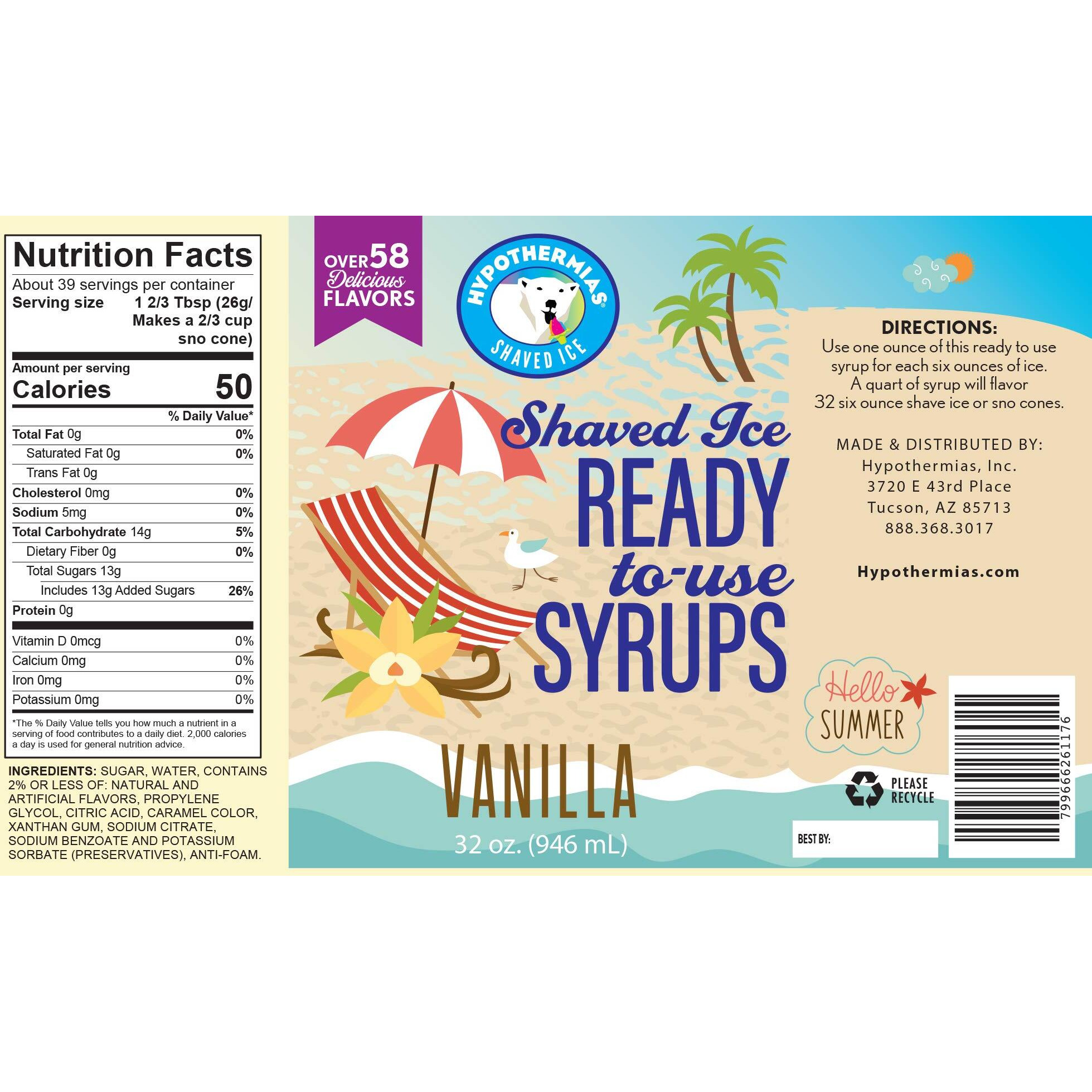 Hypothermias Shaved Ice & Snow Cone Syrup - Bpa-Free Recyclable Plastic Bottle Quart (32 Fl. Oz) - Vanilla - Non-Gmo 100% Pure Cane Sugar, Ready To Use