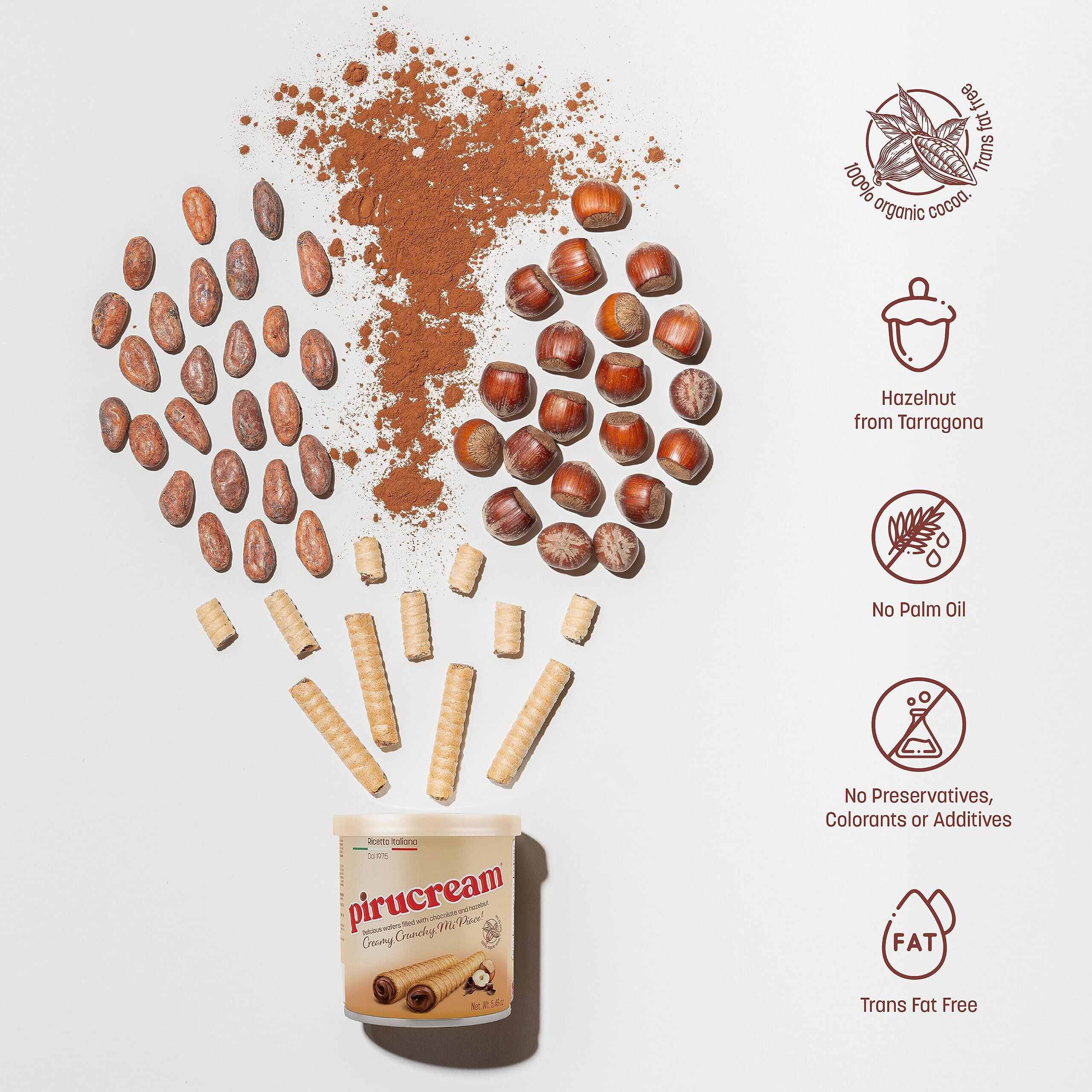 Pirucream Rolled Wafers With Chocolate Hazelnut, Organic Alkaline 100% Cocoa - No Trans-Fat, Preservatives, Colorants Or Additives And Without Palm Oil (155Gr/ 5.46Oz Each One - 3 Pack Tin)