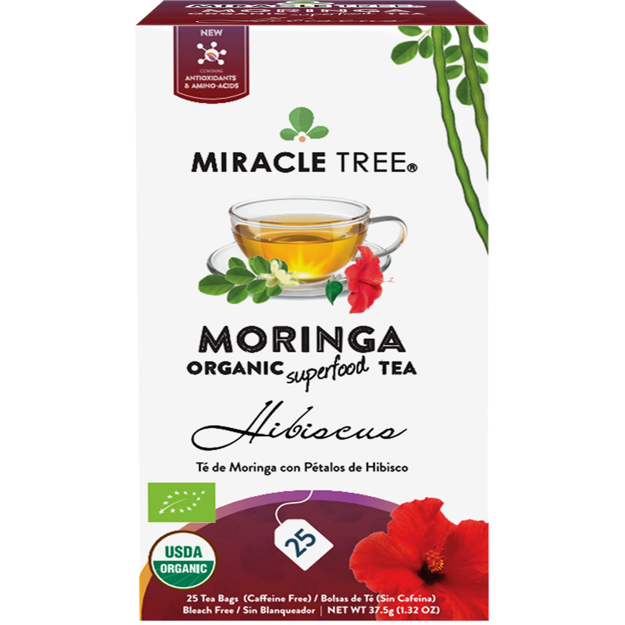 Miracle Tree - Organic Moringa Superfood Tea, 25 Individually Sealed Tea Bags, Hibiscus (Keto, Detox, Energy & Immunity Booster, Vegan, Gluten-Free, Organic, Non-Gmo, Caffeine-Free)