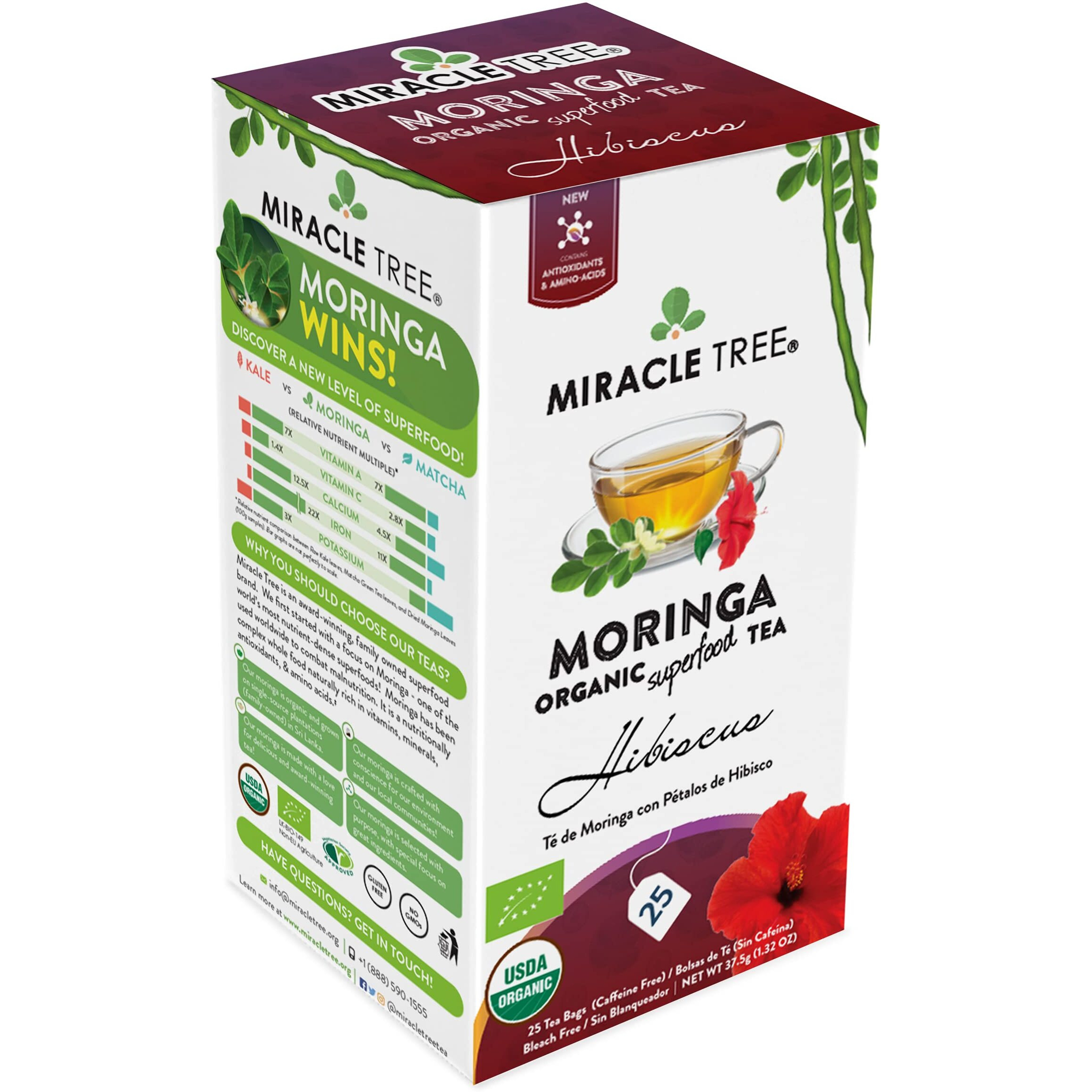 Miracle Tree - Organic Moringa Superfood Tea, 25 Individually Sealed Tea Bags, Hibiscus (Keto, Detox, Energy & Immunity Booster, Vegan, Gluten-Free, Organic, Non-Gmo, Caffeine-Free)