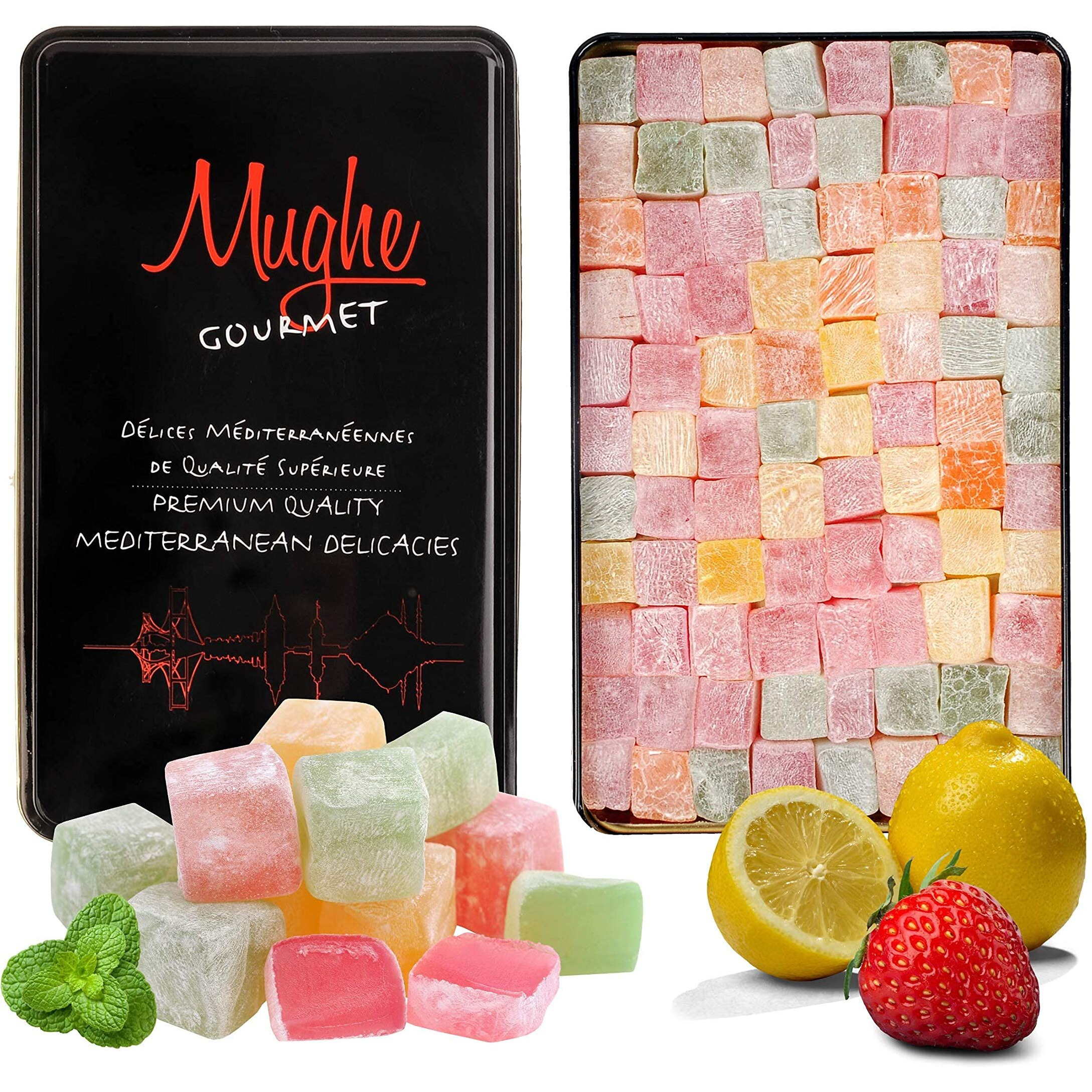 Mughe Gourmet Turkish Delight Candy Elegant Gift Tin Box - 1.65Lb-750G - Halal Vegan Lokum Fruit Flavors Rose, Strawberry, Lemon, Orange, Mint - Gift For Special Occasions, Halloween, Christmas