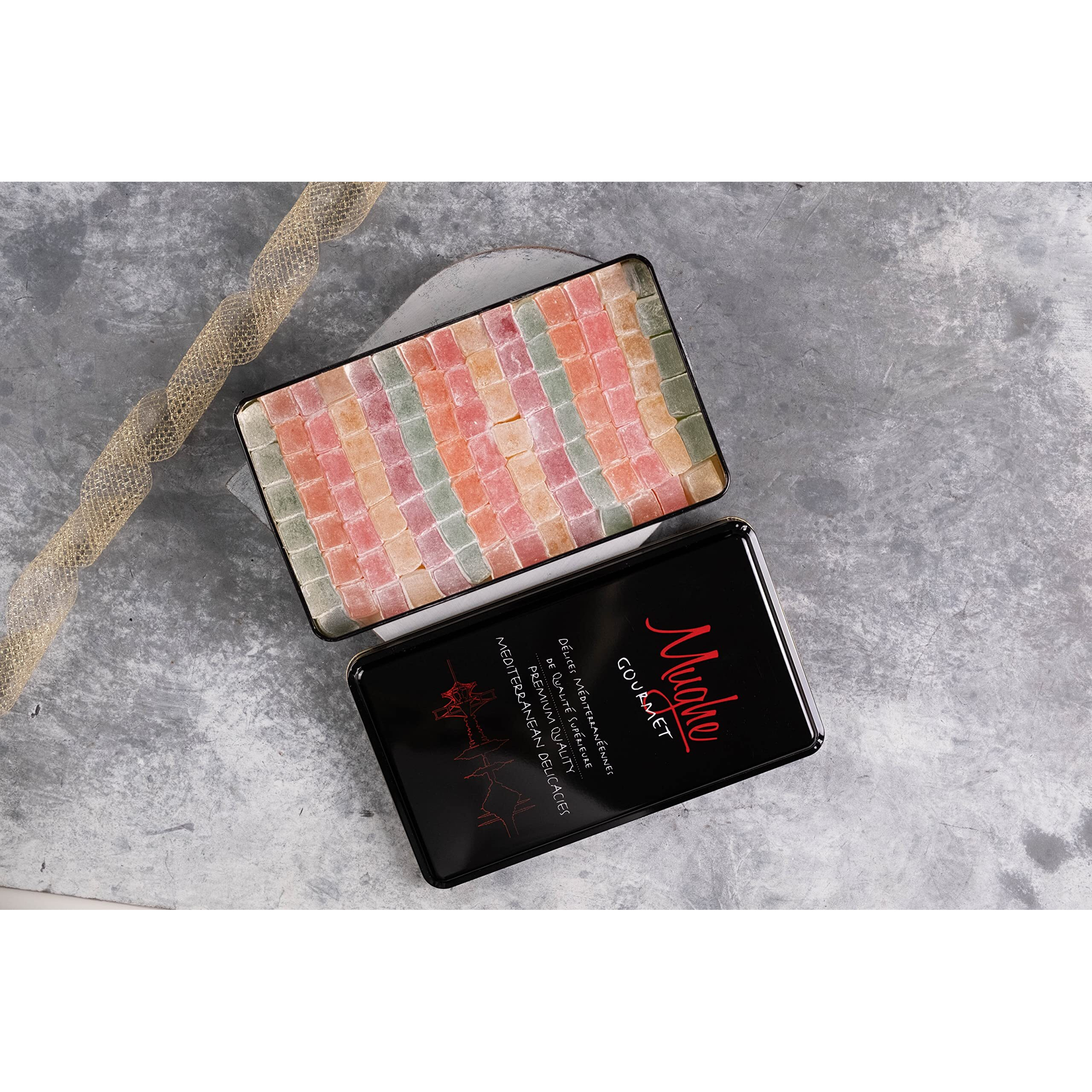 Mughe Gourmet Turkish Delight Candy Elegant Gift Tin Box - 1.65Lb-750G - Halal Vegan Lokum Fruit Flavors Rose, Strawberry, Lemon, Orange, Mint - Gift For Special Occasions, Halloween, Christmas