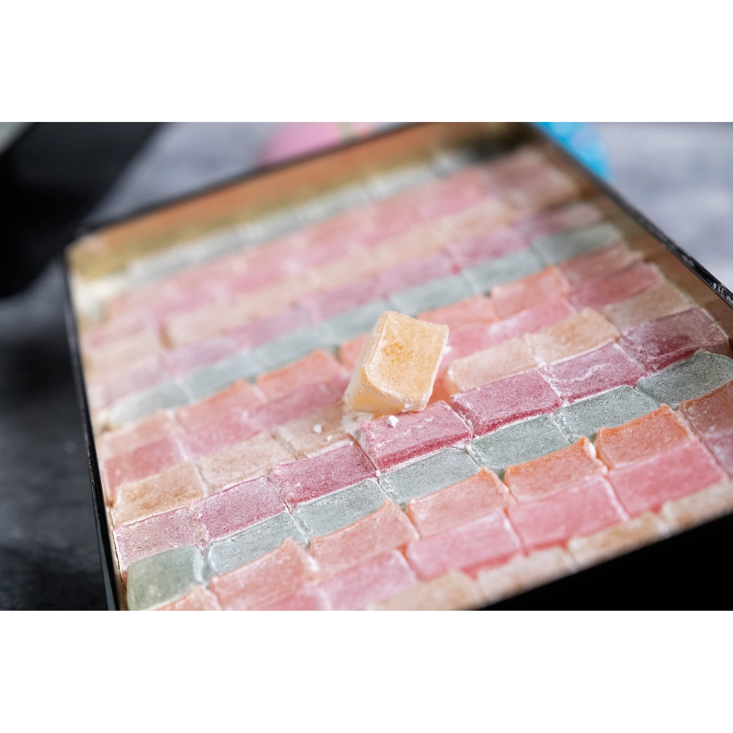 Mughe Gourmet Turkish Delight Candy Elegant Gift Tin Box - 1.65Lb-750G - Halal Vegan Lokum Fruit Flavors Rose, Strawberry, Lemon, Orange, Mint - Gift For Special Occasions, Halloween, Christmas