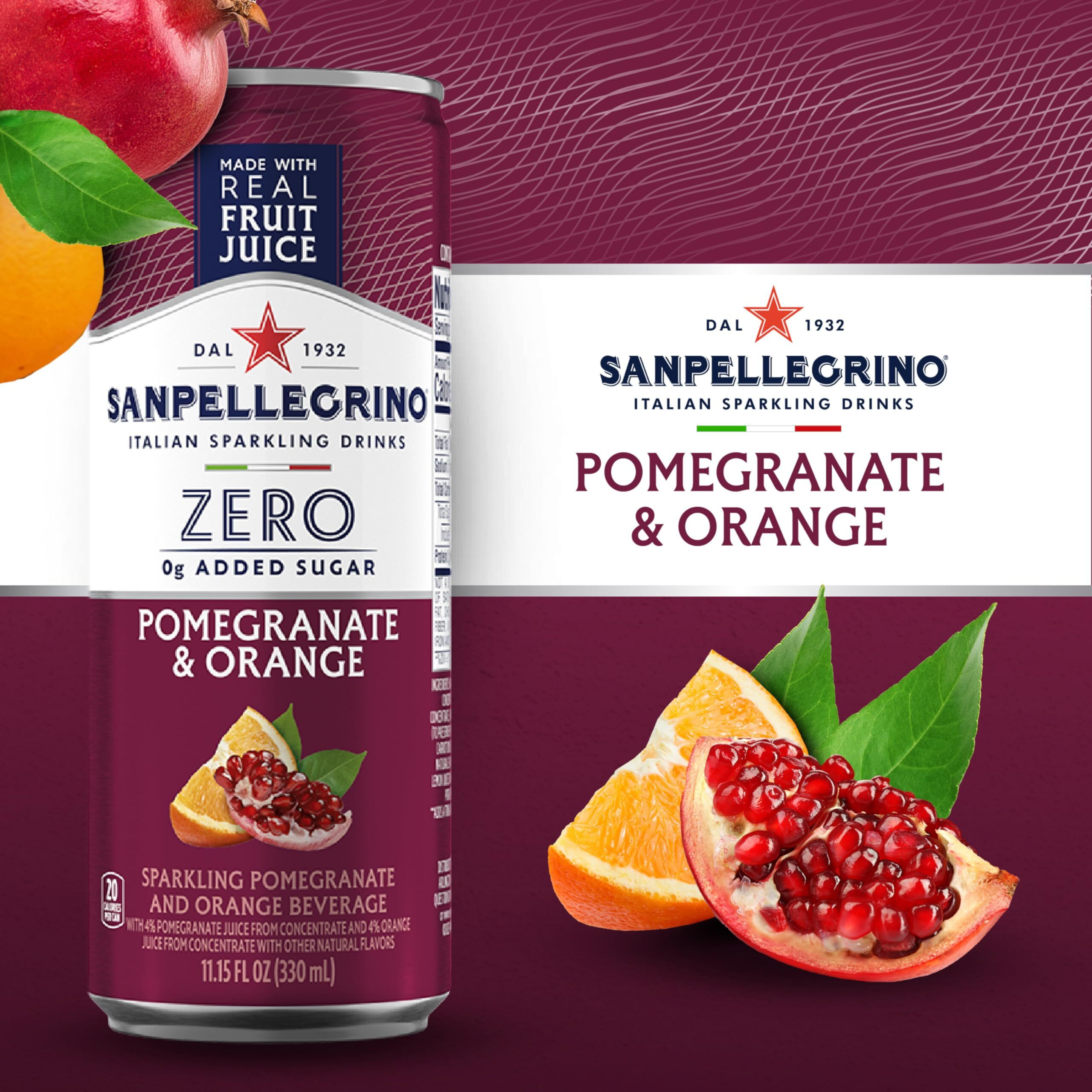 Sanpellegrino Zero Grams Added Sugar Italian Sparkling Drinks Pomegranate Orange, Sparkling Pomegranate Orange Beverage 24 Pack Of 11.15 Fl Oz Cans