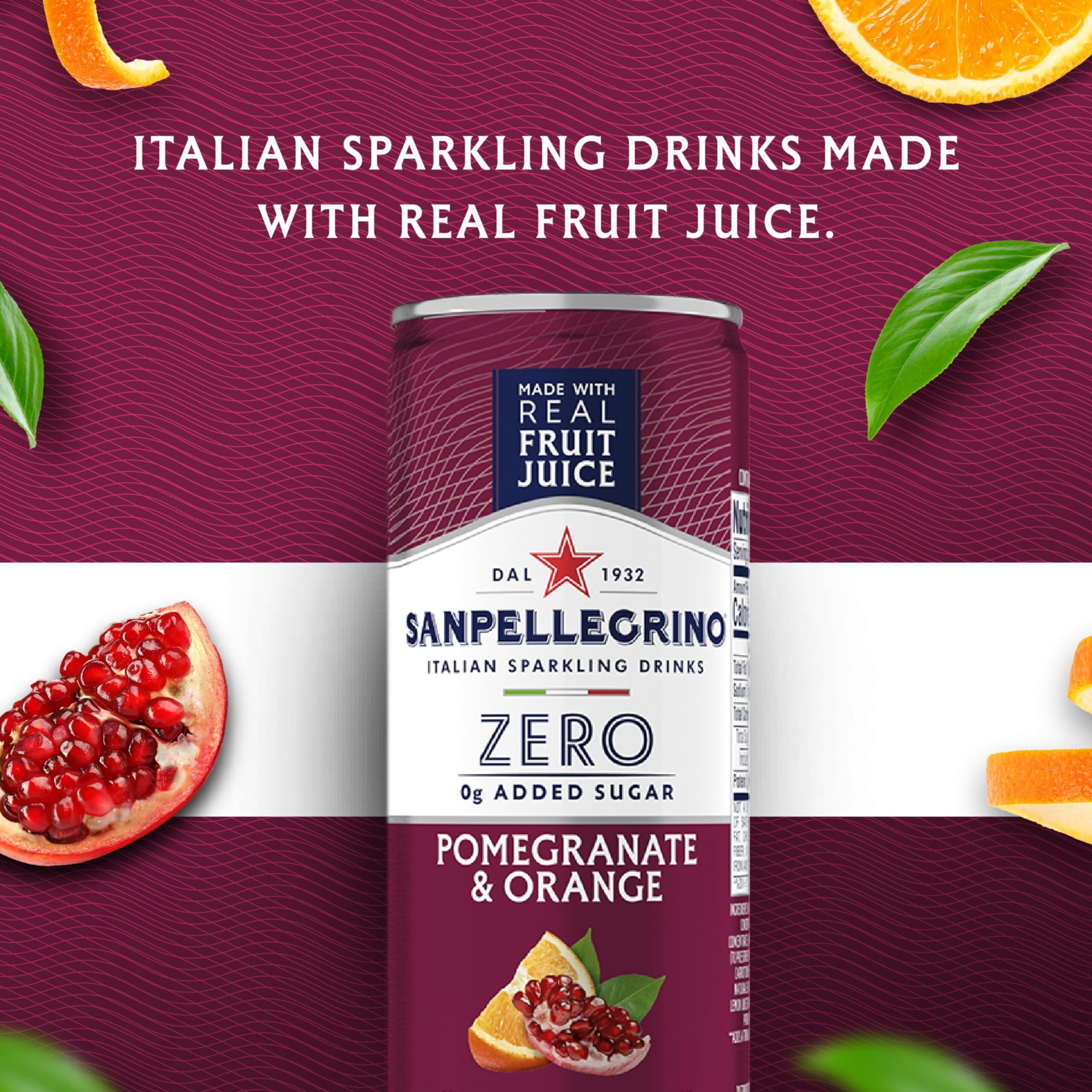 Sanpellegrino Zero Grams Added Sugar Italian Sparkling Drinks Pomegranate Orange, Sparkling Pomegranate Orange Beverage 24 Pack Of 11.15 Fl Oz Cans