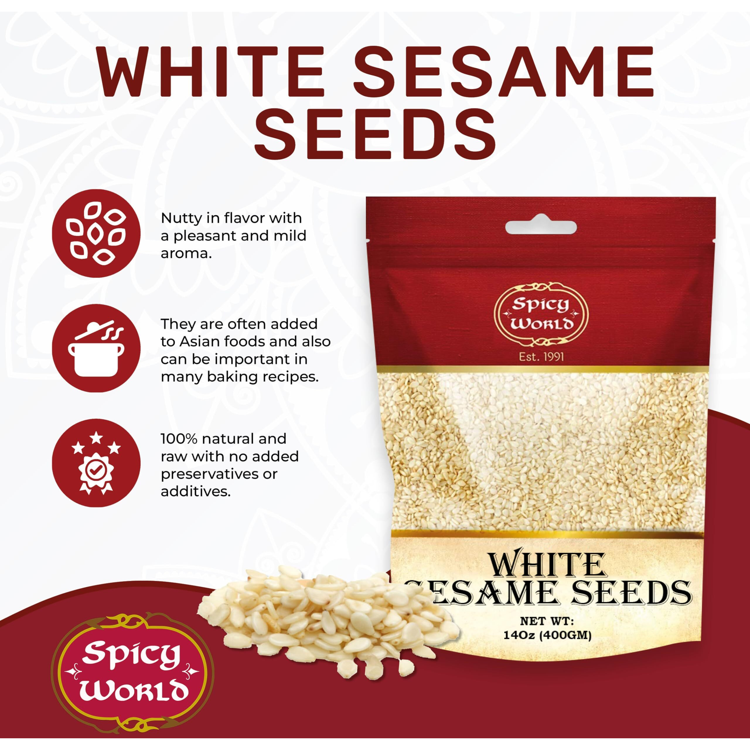 White Sesame Seeds 14Oz Bag - Natural, Raw, Hulled - By Spicy World