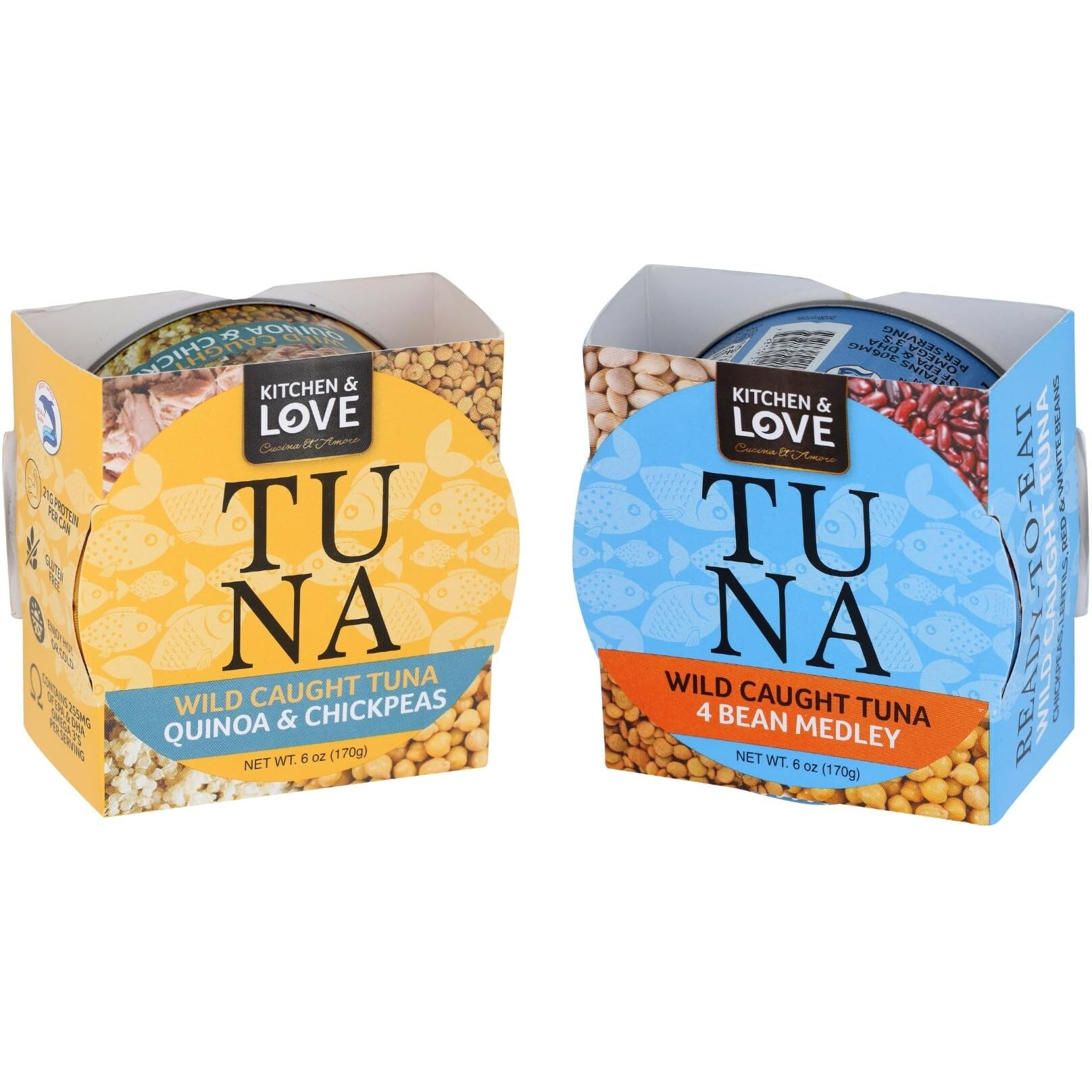 Kitchen & Love Wild Caught Tuna Variety Pack, 4 Bean Medley In Olive Oil 6 Oz And Quinoa & Chickpeas In Olive Oil 6 Oz (8 Pack)