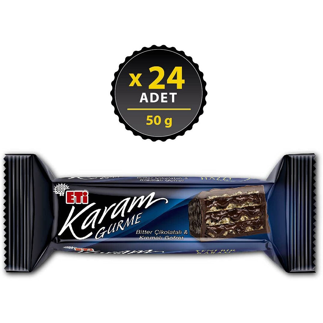 Turkish Chocolate Wafer, Eti Karam Gurme Wafer 50Gr. (1 Package 24 Pieces)