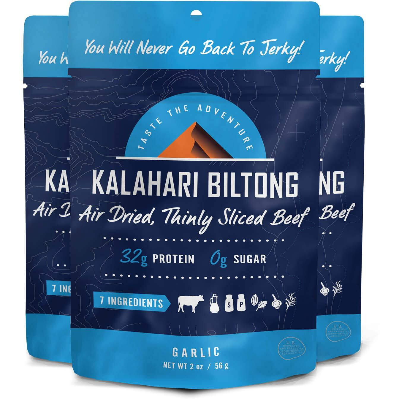 Garlic Kalahari Biltong, Air-Dried Thinly Sliced Beef, 2Oz (Pack Of 3), Sugar Free, Gluten Free, Keto & Paleo, High Protein Snack
