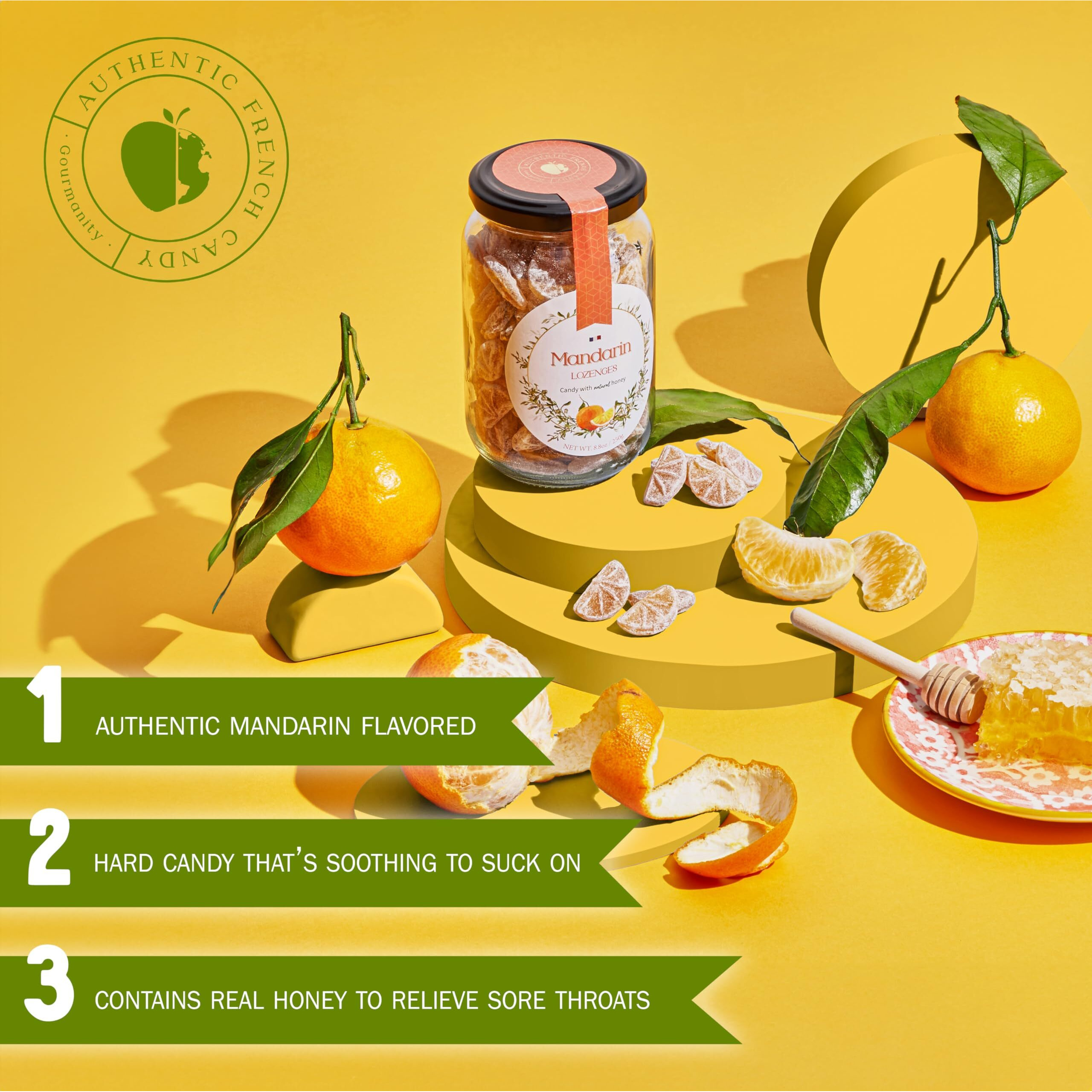 Gourmanity Mandarin Flavor Honey Lozenges 250Gr, Natural Lozenges Made With Honey & Mandarin Flavor, Gourmet Candy Honey Drops, Soothing Honey Throat Lozenges (8.8Oz/250Gr Pack)