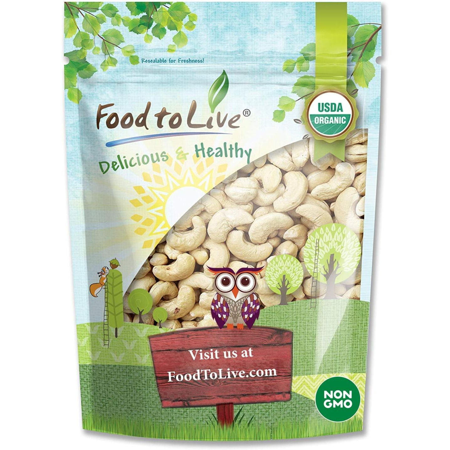 Food To Live Organic Raw Cashews, 2 Pounds Non-Gmo, Whole, Large, Premium Fancy Nuts, Unsalted, Unroasted, Kosher, Vegan, Bulk, Low Sodium. Good Source Of Protein, Copper, Zinc, Selenium, Thiamin
