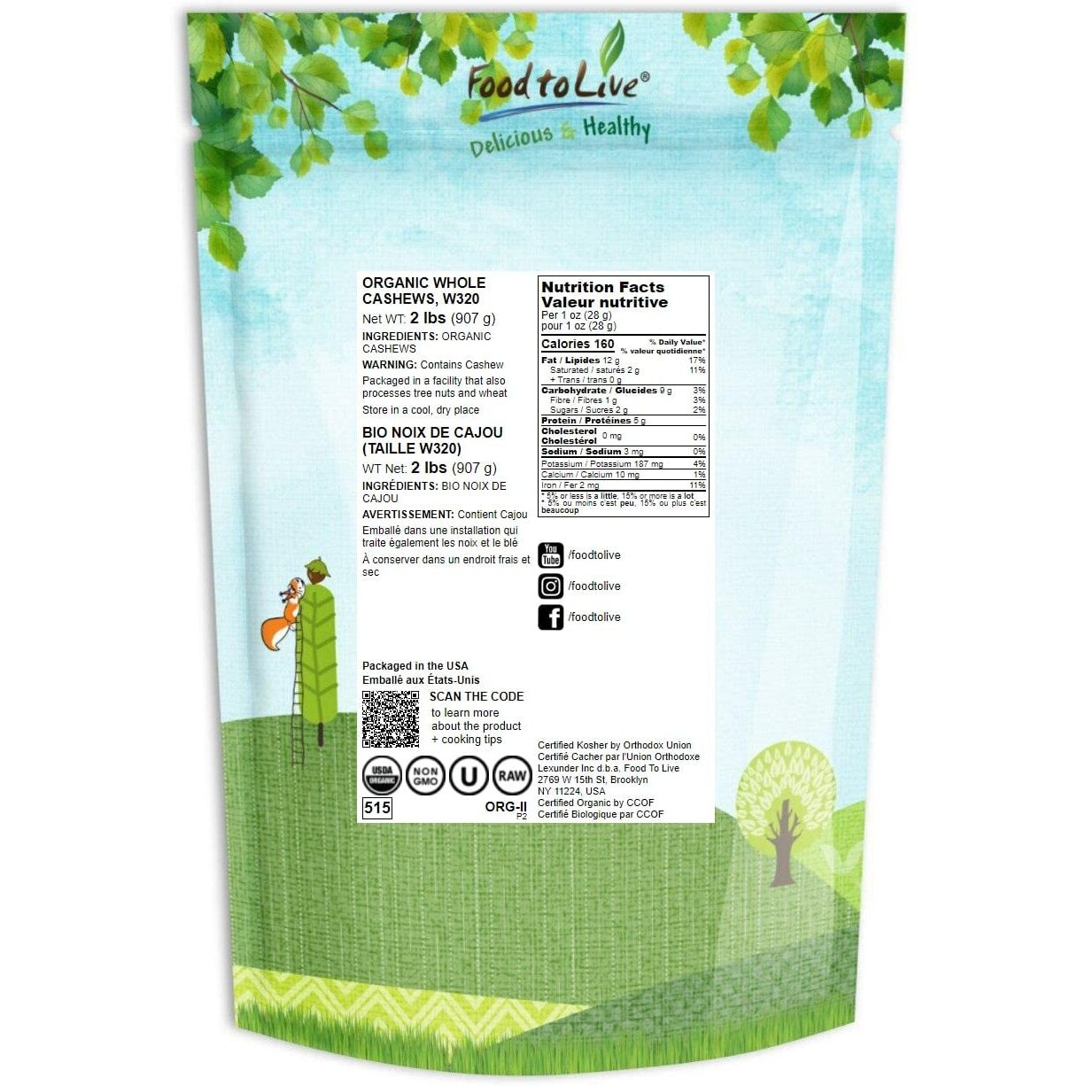 Food To Live Organic Raw Cashews, 2 Pounds Non-Gmo, Whole, Large, Premium Fancy Nuts, Unsalted, Unroasted, Kosher, Vegan, Bulk, Low Sodium. Good Source Of Protein, Copper, Zinc, Selenium, Thiamin