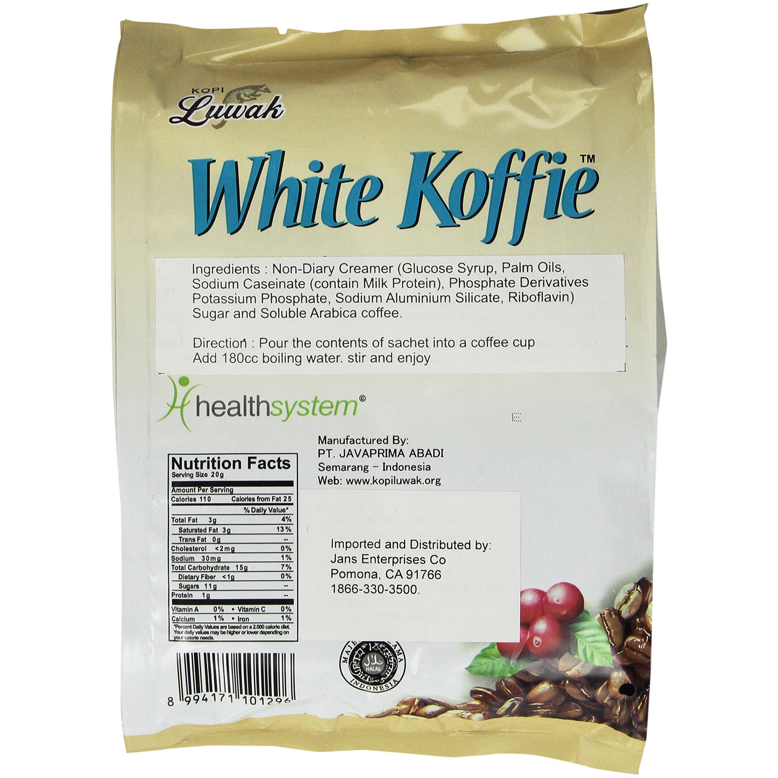 Luwak White Koffie Low Acid (3In1) Instant Coffee 13.5Oz, Pack Of 20 Sachets