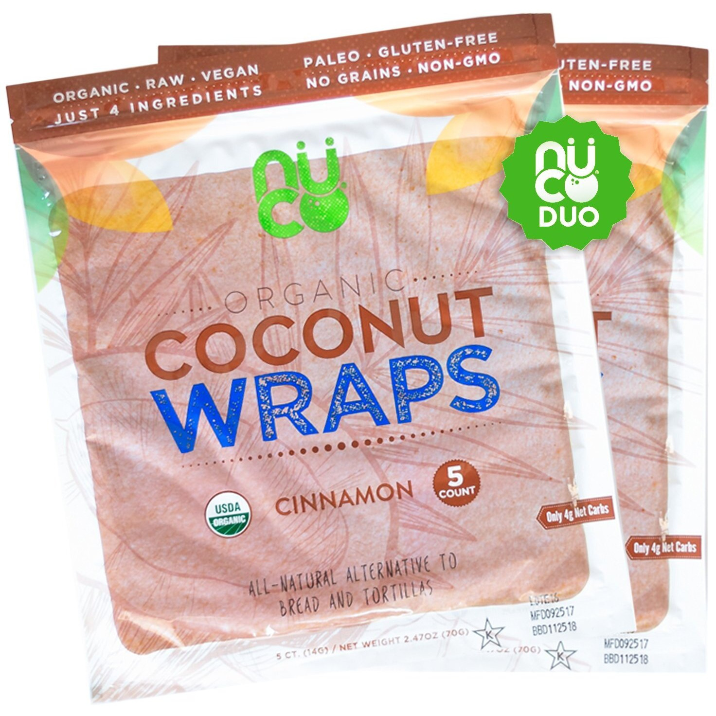 Nuco All-Natural, Certified Organic, Paleo, Gluten Free, Vegan Non-Gmo, Kosher Raw Veggie Coconut Wraps Cinnamon Flavor. No Salt Added Low Carb And Yeast Free 10 Count (Two Packs Of Five Wraps Each)