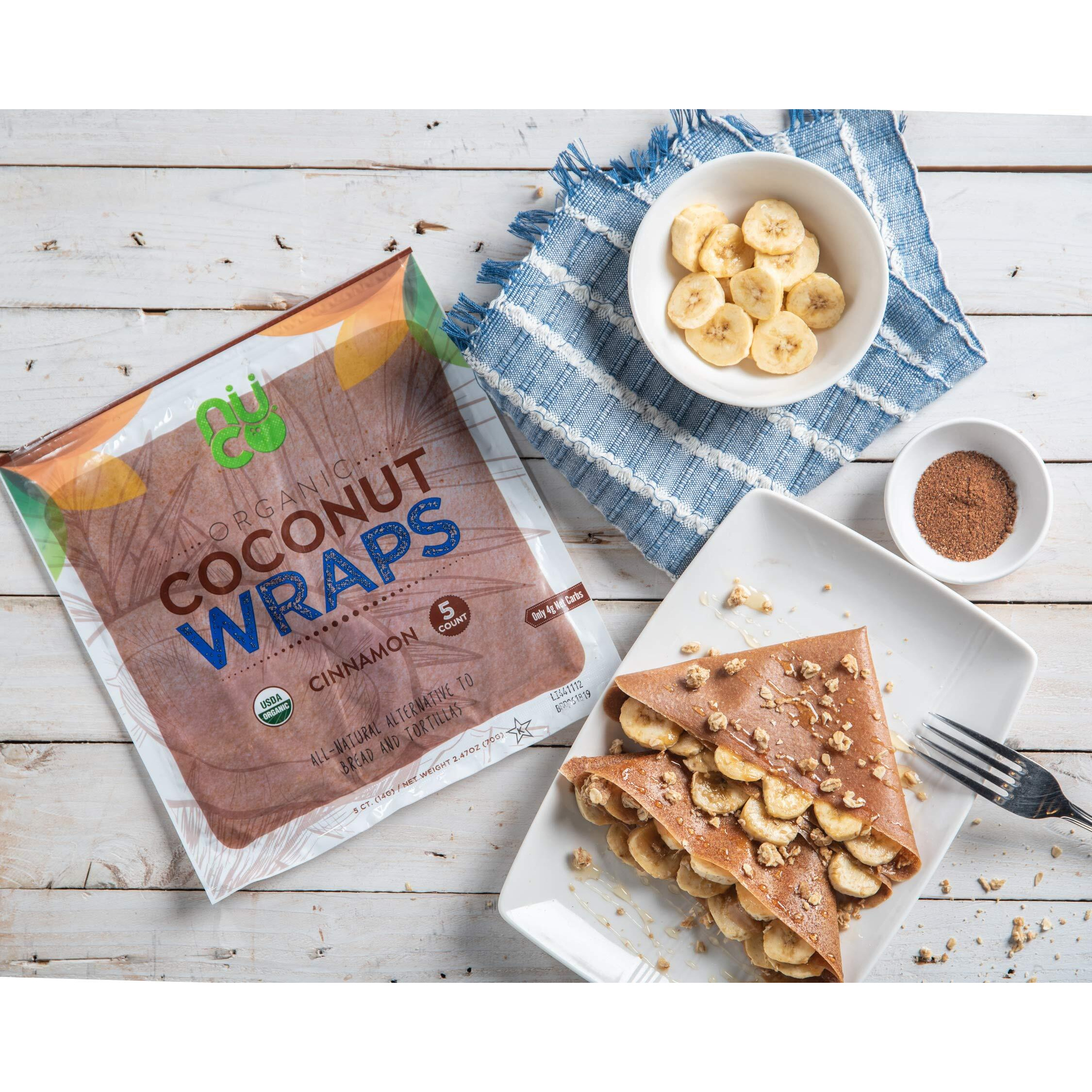 Nuco All-Natural, Certified Organic, Paleo, Gluten Free, Vegan Non-Gmo, Kosher Raw Veggie Coconut Wraps Cinnamon Flavor. No Salt Added Low Carb And Yeast Free 10 Count (Two Packs Of Five Wraps Each)