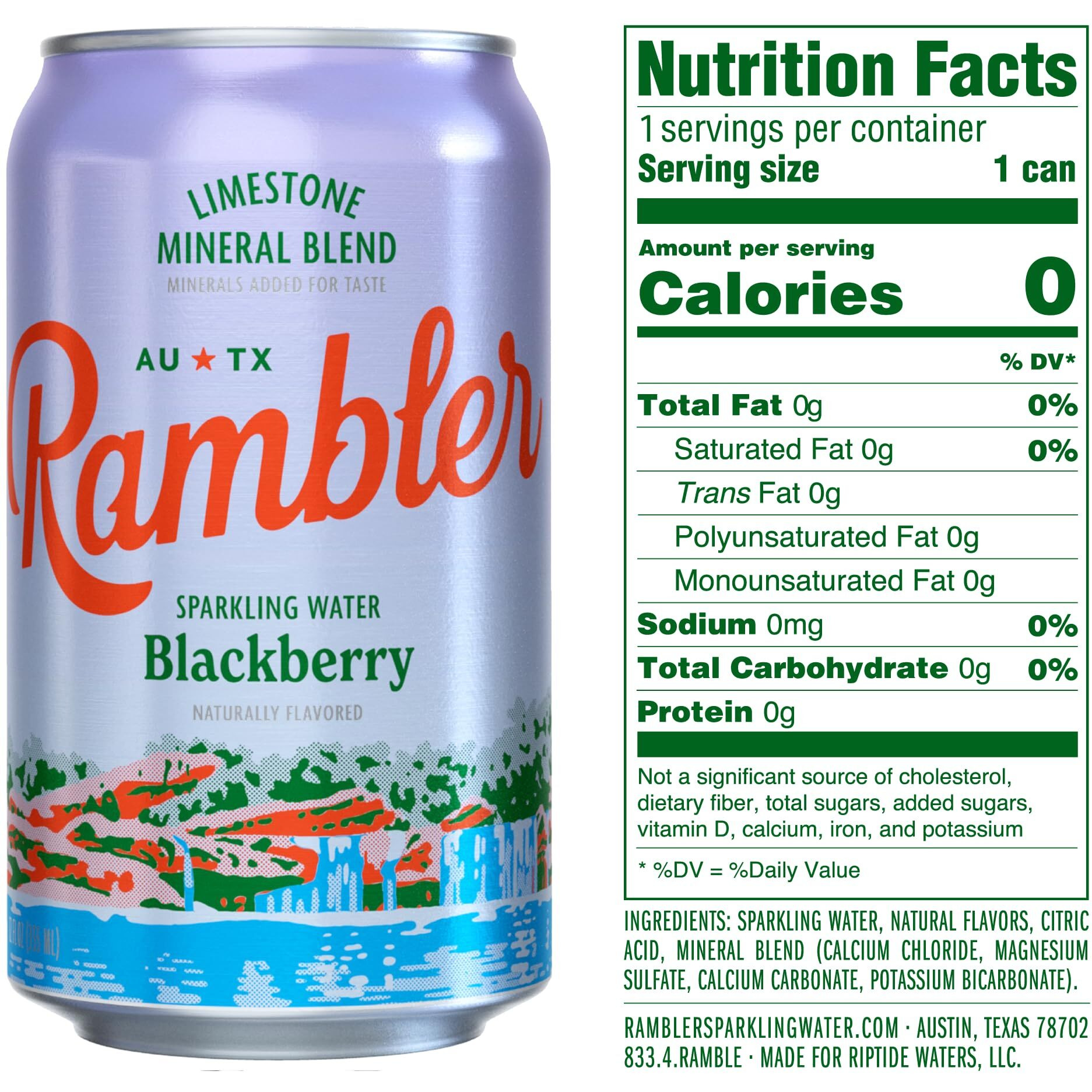 Autx Rambler Blackberry Sparkling Water, Limestone Mineral Blend, Three 8-Packs (24 Cans)
