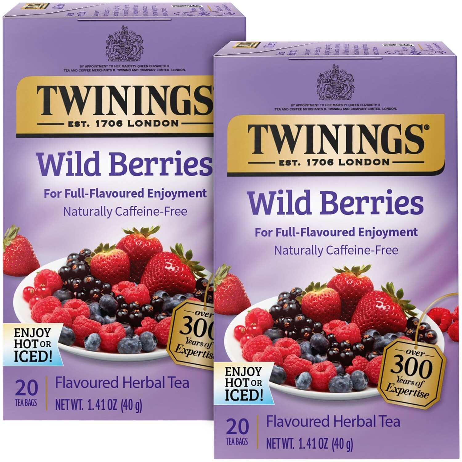 Twinings Wild Berries Tea - A Naturally Caffeine-Free Herbal Tea Bursting With Fresh & Uplifting Berry Tea Flavours, Individually Wrapped Tea Bags, 20 Count (Pack Of 2)