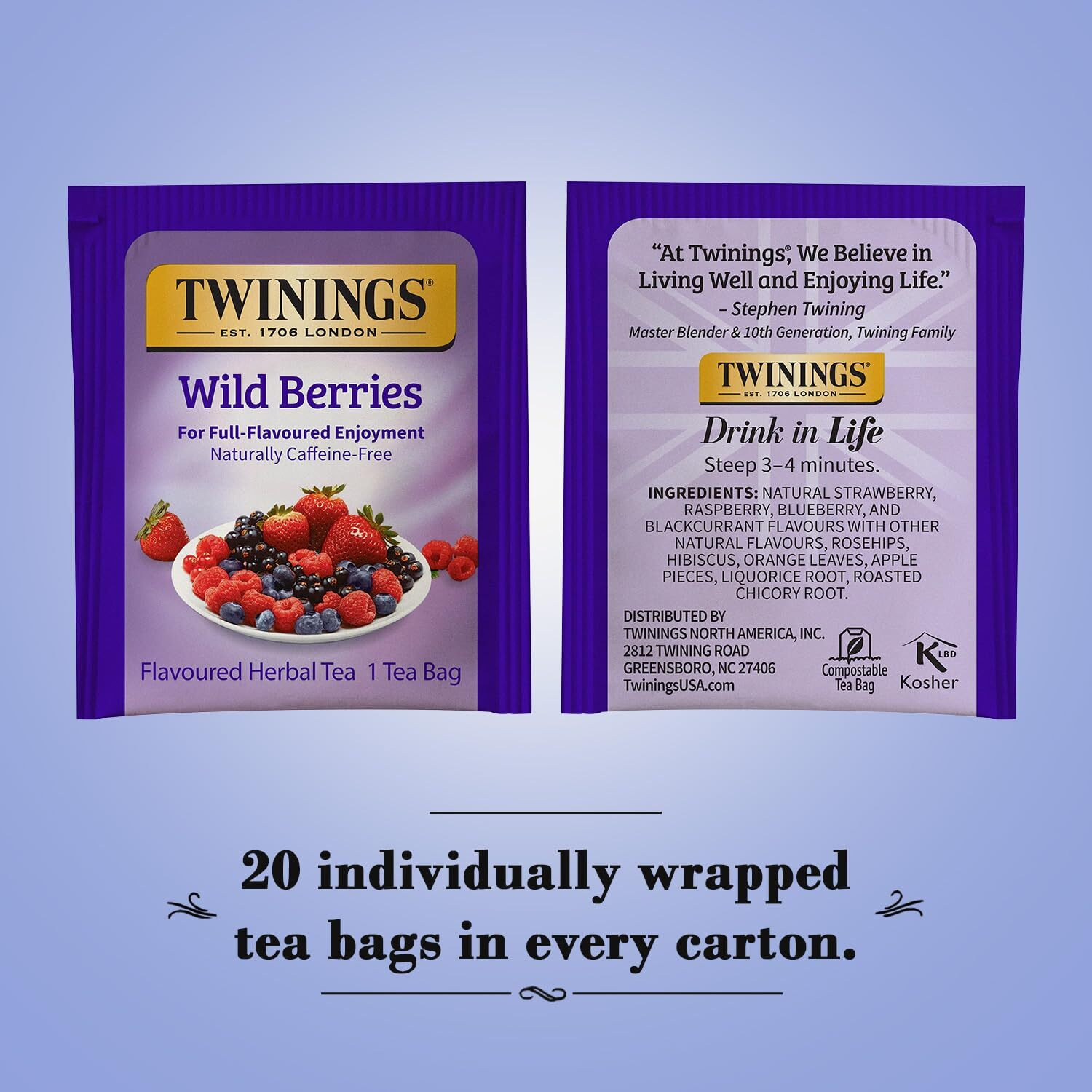 Twinings Wild Berries Tea - A Naturally Caffeine-Free Herbal Tea Bursting With Fresh & Uplifting Berry Tea Flavours, Individually Wrapped Tea Bags, 20 Count (Pack Of 2)