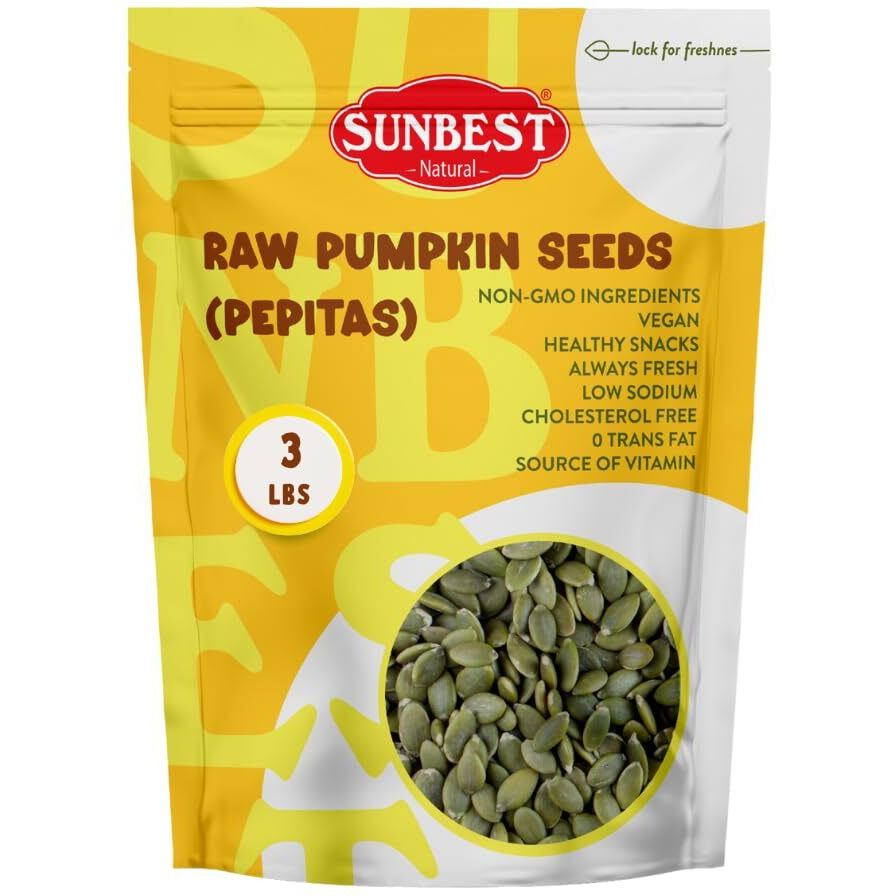 Sunbest Natural - Pumpkin Seeds Raw And Fresh, Pumpkin Seeds Unsalted, Whole Shelled Pumpkin Seeds, Kosher Seeds For Snacks, Pumpkin Seeds Bulk, Non-Gmo And Vegan Healthy Pumpkin Snacks, 3 Lbs.