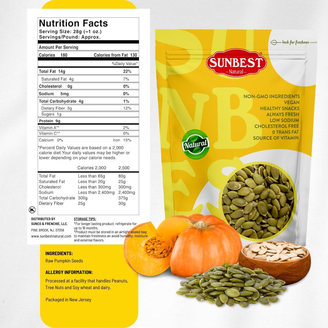 Sunbest Natural - Pumpkin Seeds Raw And Fresh, Pumpkin Seeds Unsalted, Whole Shelled Pumpkin Seeds, Kosher Seeds For Snacks, Pumpkin Seeds Bulk, Non-Gmo And Vegan Healthy Pumpkin Snacks, 3 Lbs.