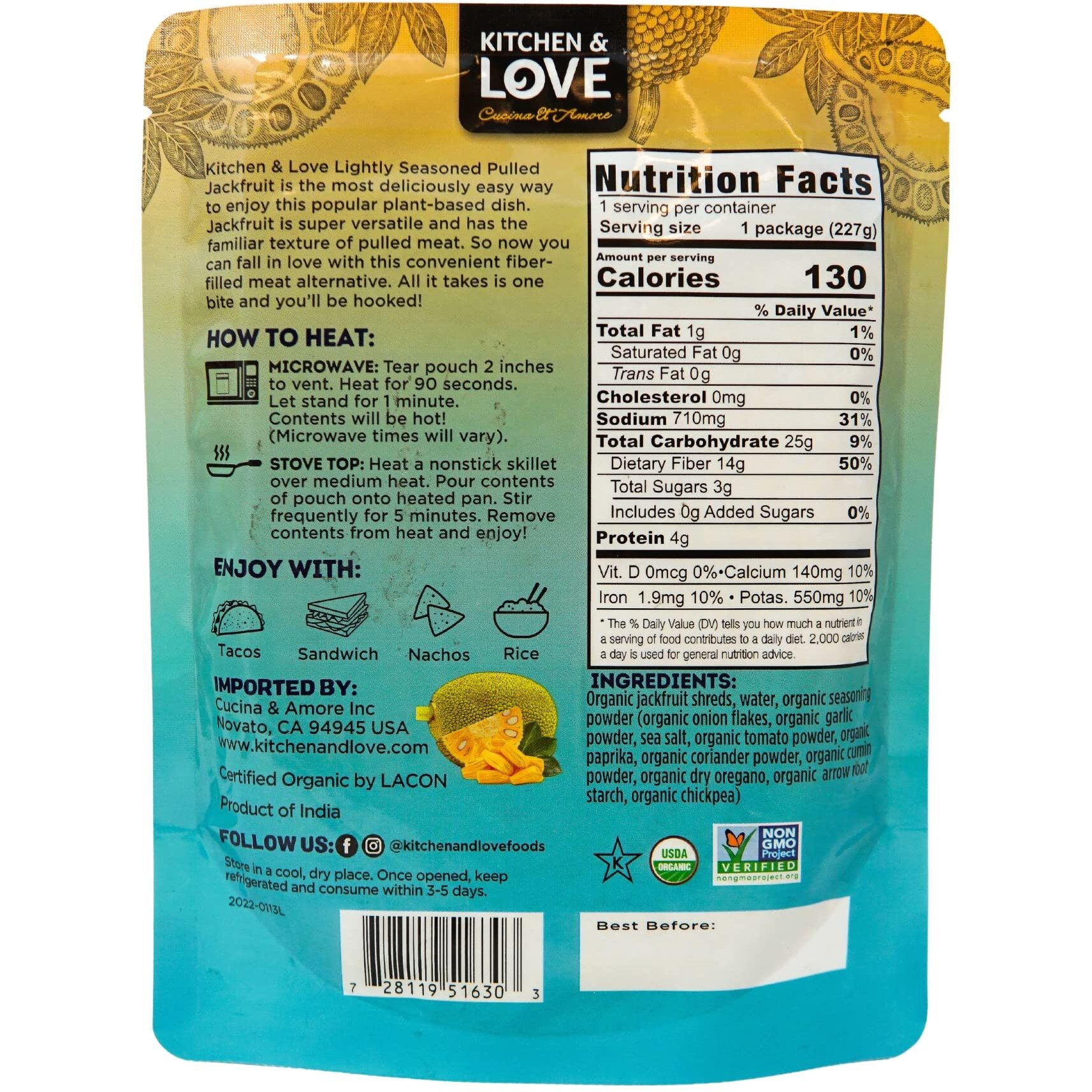 Kitchen And Love, Jackfruit Lightly Seasoned, Organic, Fully Cooked, Versatile Plant Based Meat Alternative, Gluten Free, 90 Seconds, High In Fiber, Non Gmo Verified, Kosher, Vegan, 8 Oz (Pack Of 3)
