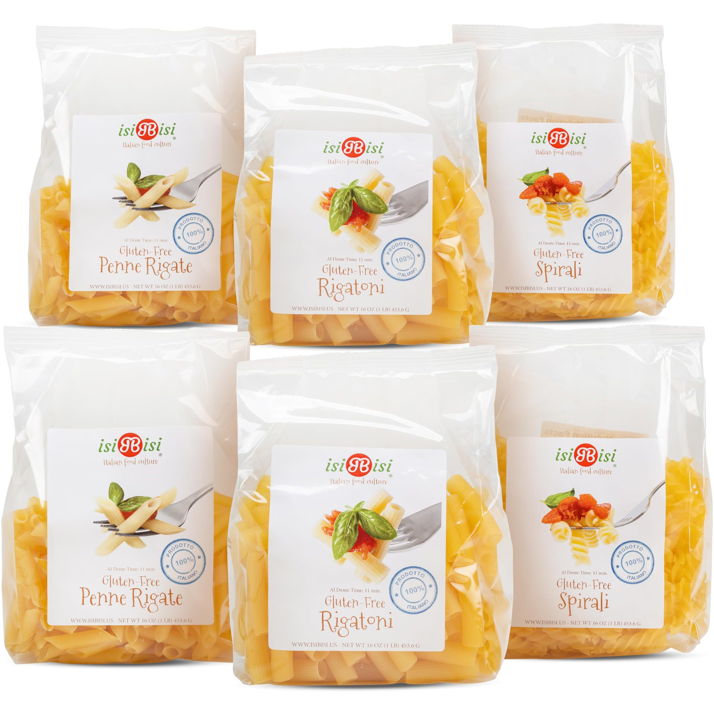 Isibisi Pasta Sampler - Penne, Rigatoni, Spirali Noodles - Authentic Italian Pasta In Bulk Made With Corn, Rice Flour - Non Gmo Vegan, Artisanal Pasta - Made In Italy (6 Pack)