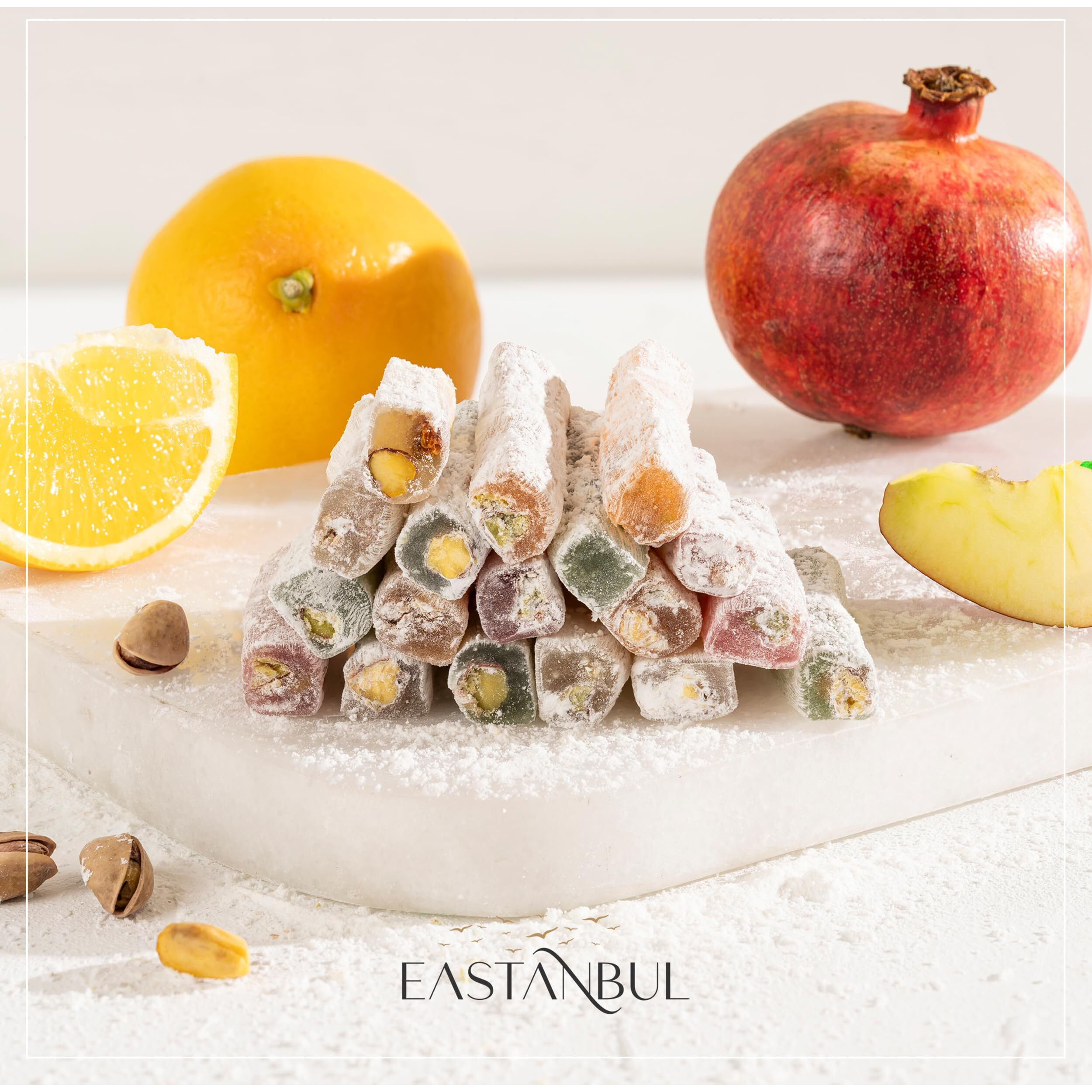 Eastanbul Turkish Delight Candy Sticks Pistachio Filled 17.6Oz, W/ 4 Flavors Apple, Orange, Pomegranate, Vanilla International Candy Box, Vegan Candy, Best Food & Beverage Gifts Option, Wick Lokum