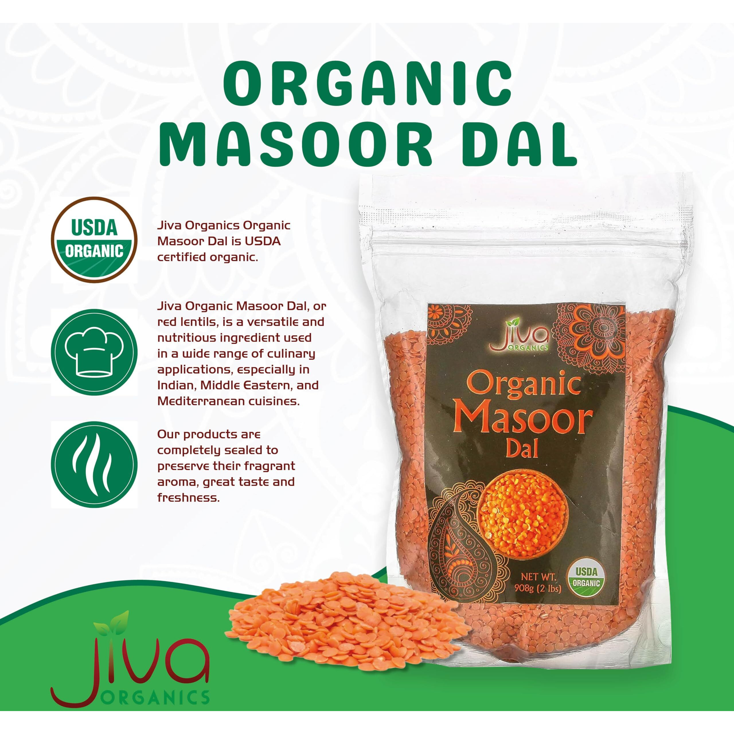 Jiva Organics Organic Masoor Dal 2 Pound Bag (Split Red Lentils) - Non-Gmo, Pure & Natural