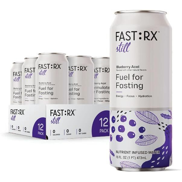 Fastrx Blueberry Acai Still Hydrating Fasting/Keto Drinks - Includes Essential Electrolytes, Vitamins, De-Sugared Lemon Juice - Zero Sugar Energy Drinks, 16 Fl Oz (Pack Of 12)
