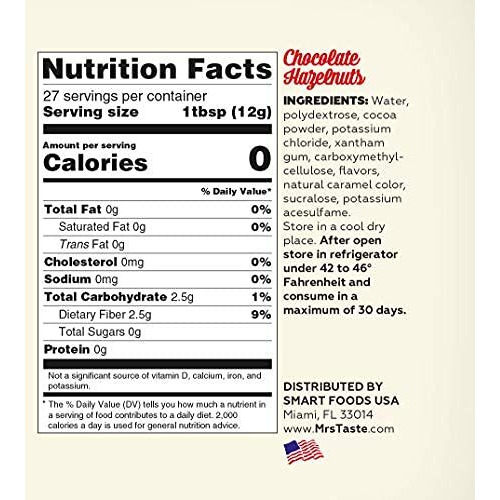 Mrs Taste Sugar Free Chocolate Hazelnut Syrup, Zero Calories, Zero Sodium, Zero Sugar, High Fiber, Keto Friendly, Paleo Friendly, Condiments And Sauces (11 Oz, Chocolate Hazelnut Syrup)
