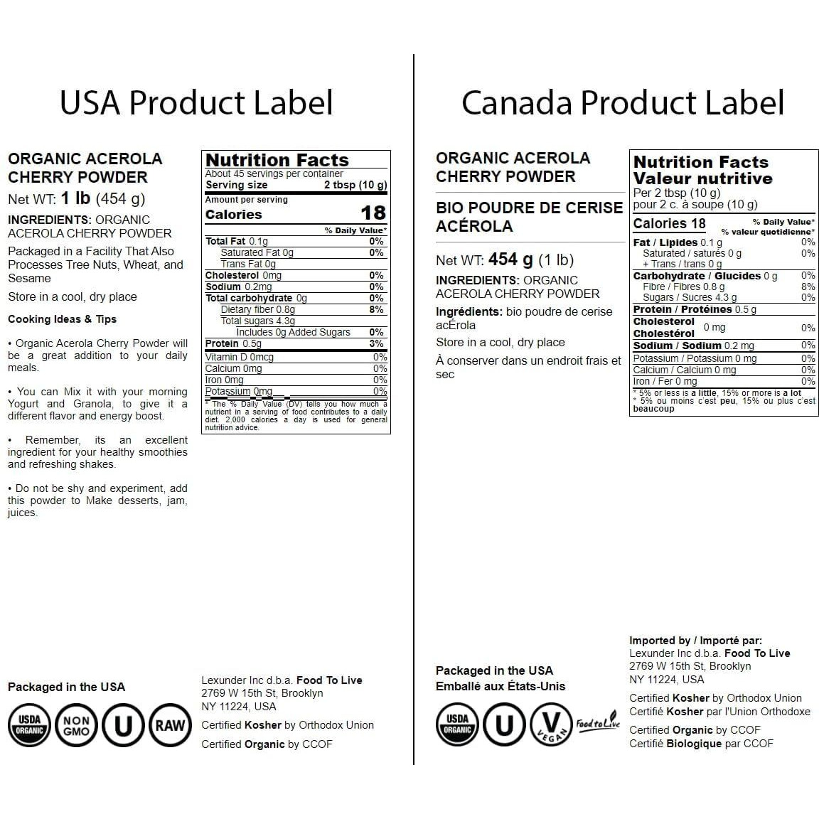 Food To Live Organic Acerola Cherry Powder, 1 Pound - Non-Gmo, 100% Pure, Kosher, Raw, Non-Irradiated, No Additives, Vegan Superfood, Bulk, Great For Juice, Drinks And Smoothies, Rich In Vitamin C