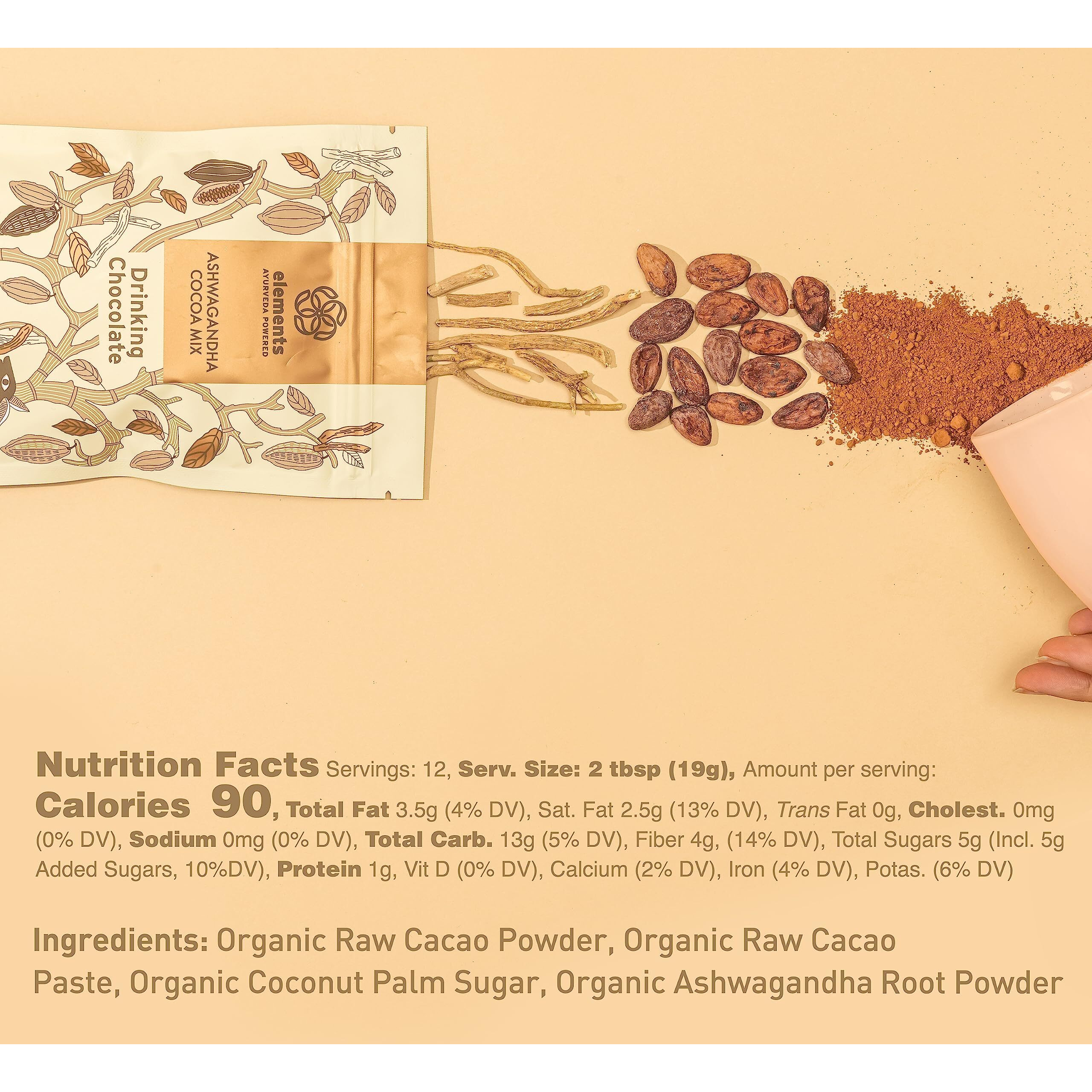 Elements Truffles Ashwagandha Dark Hot Chocolate -Heavy Metal Tested- All-Natural, Handmade, Dark Hot Chocolate Mix With Ecuadorian, Fair Trade, Organic Cacao Powder - Vegan Hot Cocoa Mix - 8 Oz