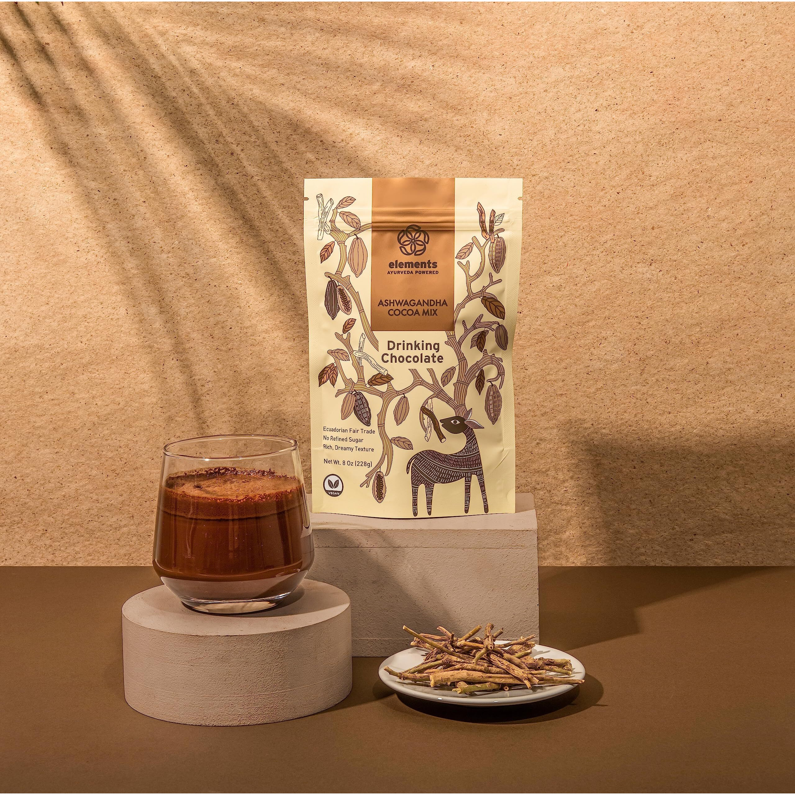 Elements Truffles Ashwagandha Dark Hot Chocolate -Heavy Metal Tested- All-Natural, Handmade, Dark Hot Chocolate Mix With Ecuadorian, Fair Trade, Organic Cacao Powder - Vegan Hot Cocoa Mix - 8 Oz