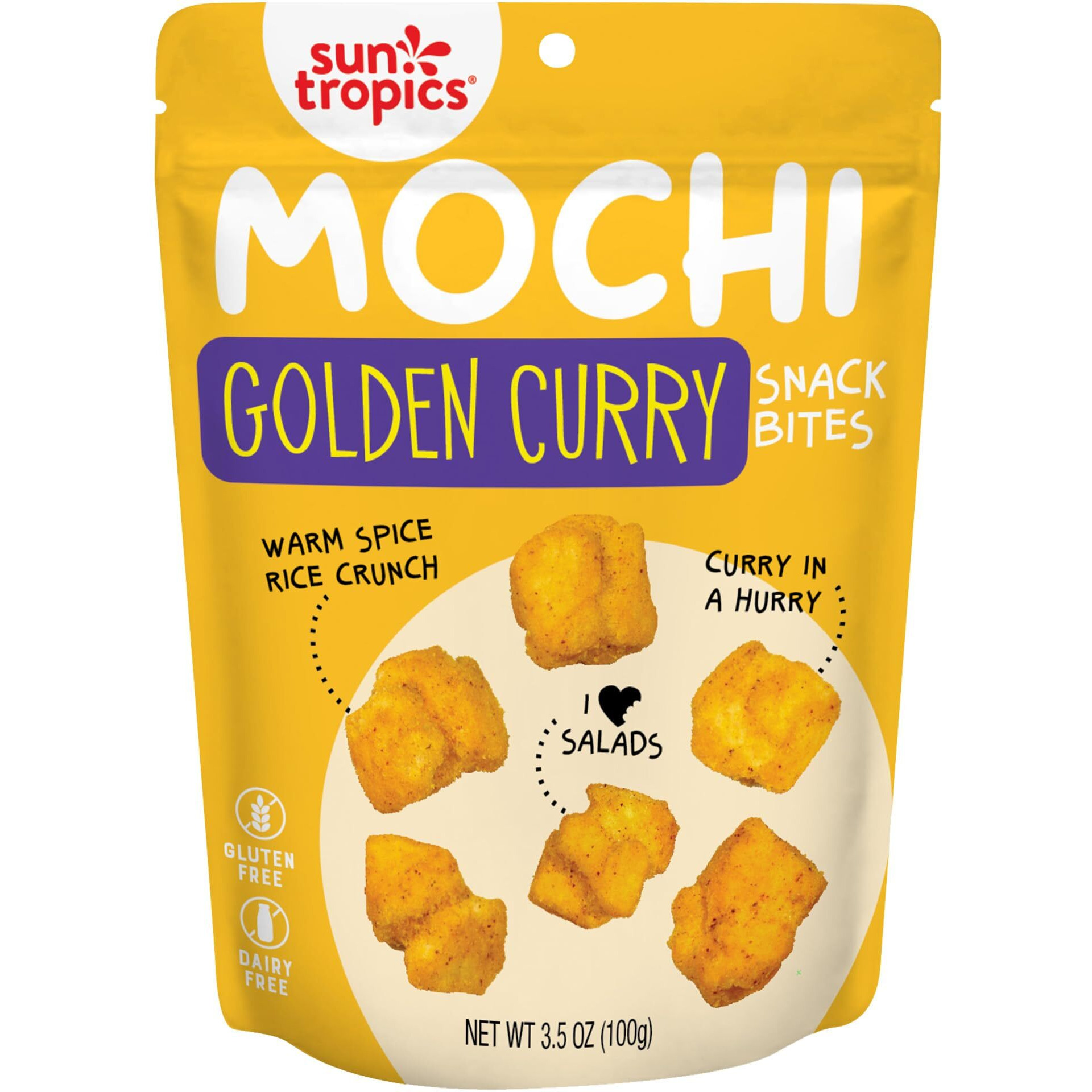 Sun Tropics Mochi Snack Bites, Golden Curry Flavor- 3.5 Oz (6 Pack) | Crispy Crunchy Mochi Bites, Rice Nuggets | Mochi Puff Rice Crackers- Gluten Free & Dairy Free- No Msg Added | Asian Rice Snacks