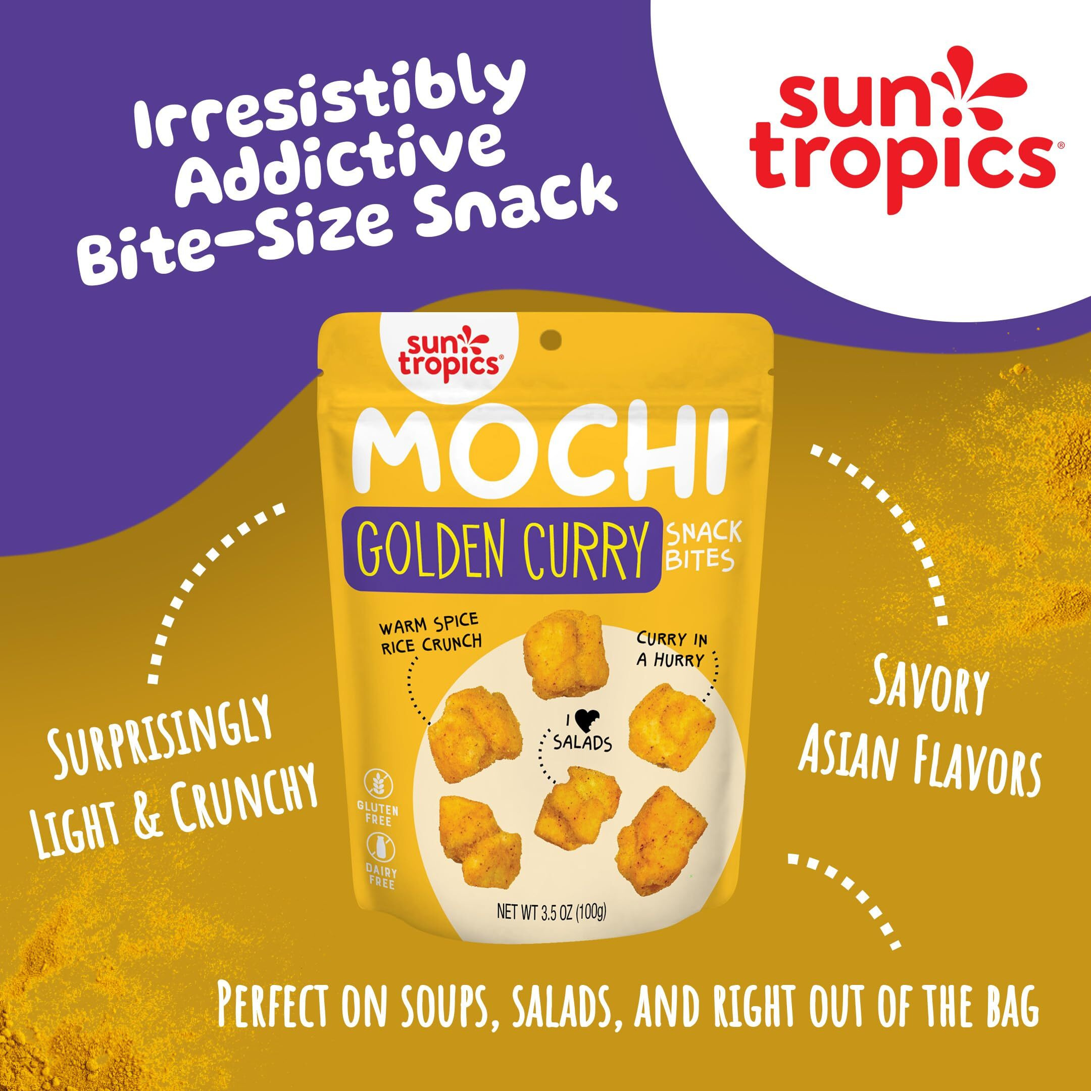 Sun Tropics Mochi Snack Bites, Golden Curry Flavor- 3.5 Oz (6 Pack) | Crispy Crunchy Mochi Bites, Rice Nuggets | Mochi Puff Rice Crackers- Gluten Free & Dairy Free- No Msg Added | Asian Rice Snacks